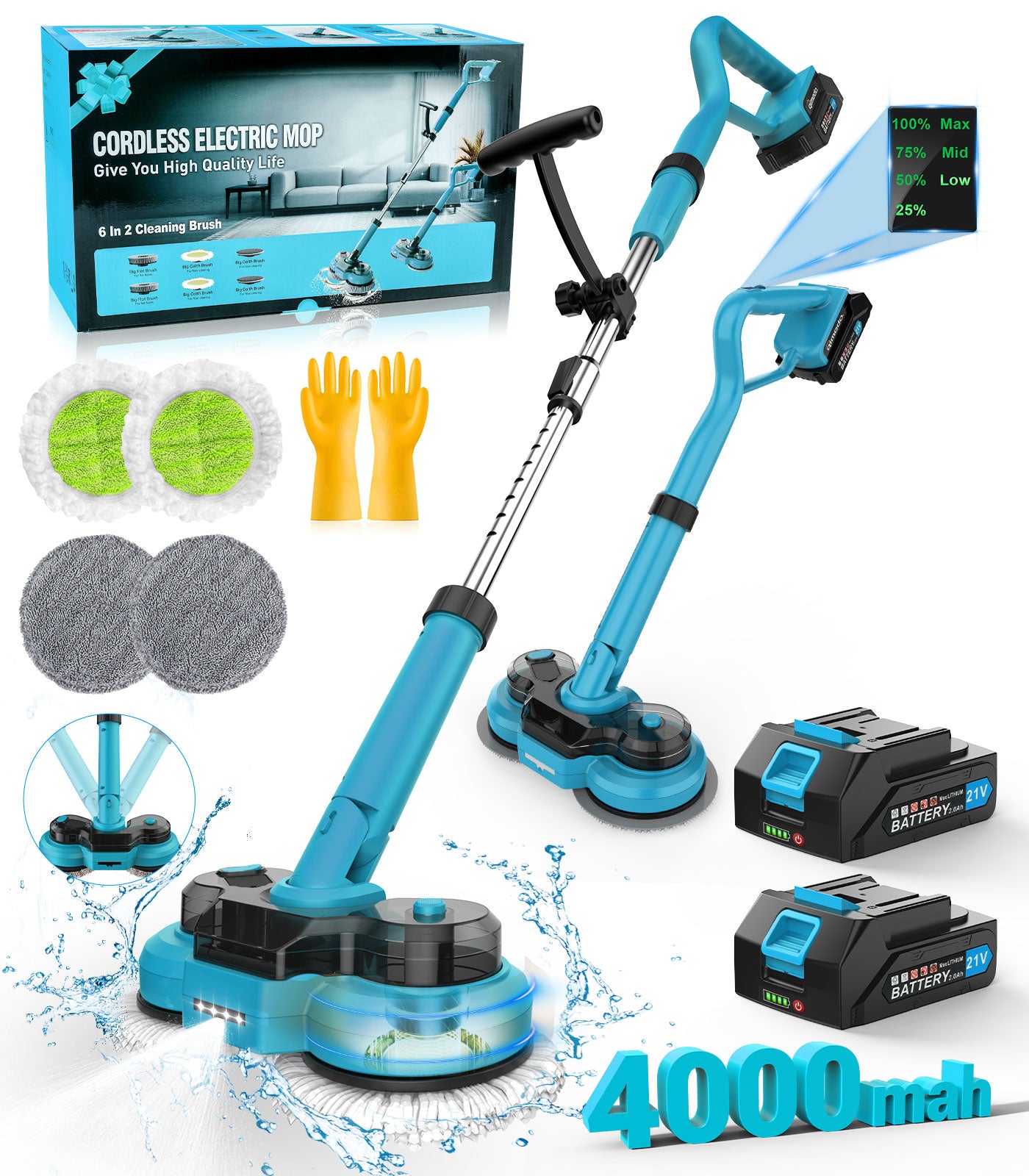 Amiluo Electric Mop, 4000 mAh Battery Cordless Spin Mop, 600 RPM Powerful Floor Cleaner with LED Headlights, Water Spray & Smart Display, Dual-Motor Scrubber & Mops for Multi-Surface, Self-Propelled