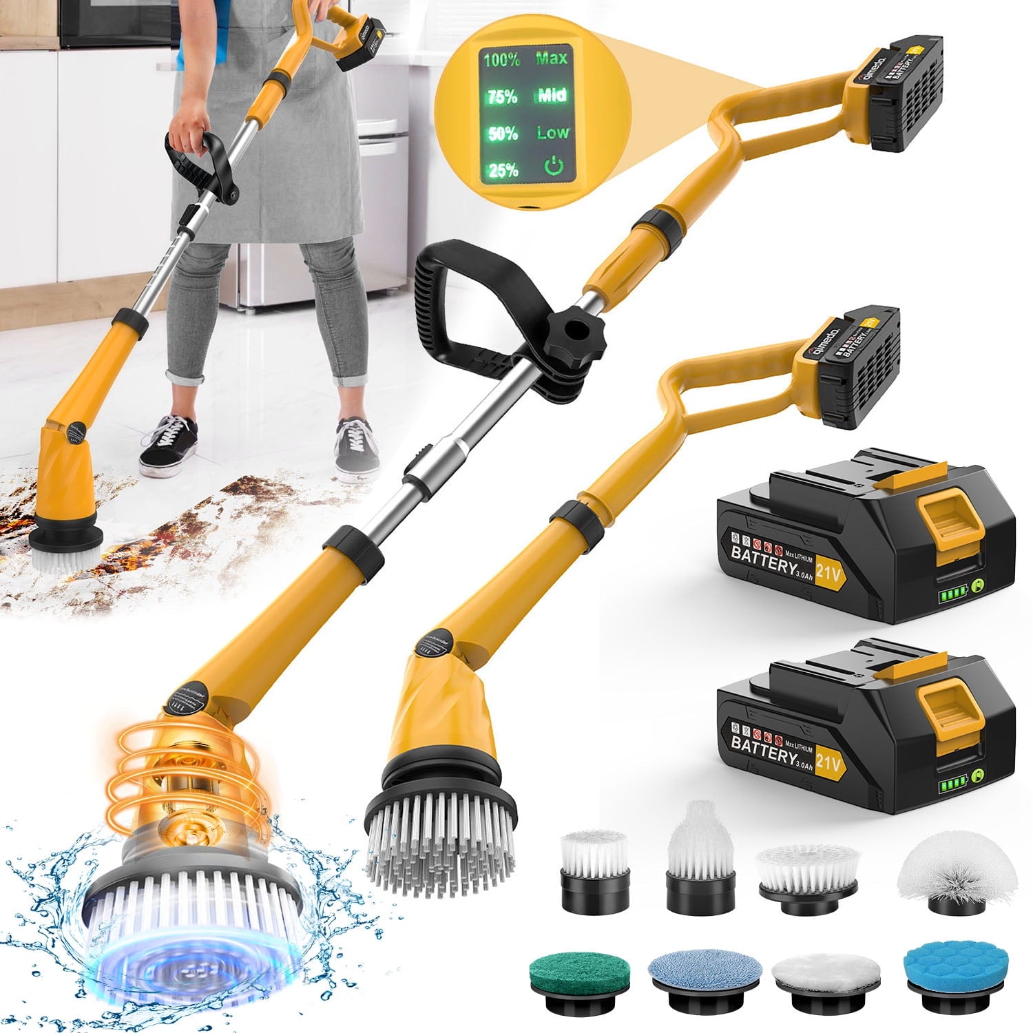 Amiluo 1500 RPM Cordless Powered Shower Scrubber, Electric Tile Floor Scrubber with Display for Grout/Tile/Tub (Effortless Handle/8 Brushes)