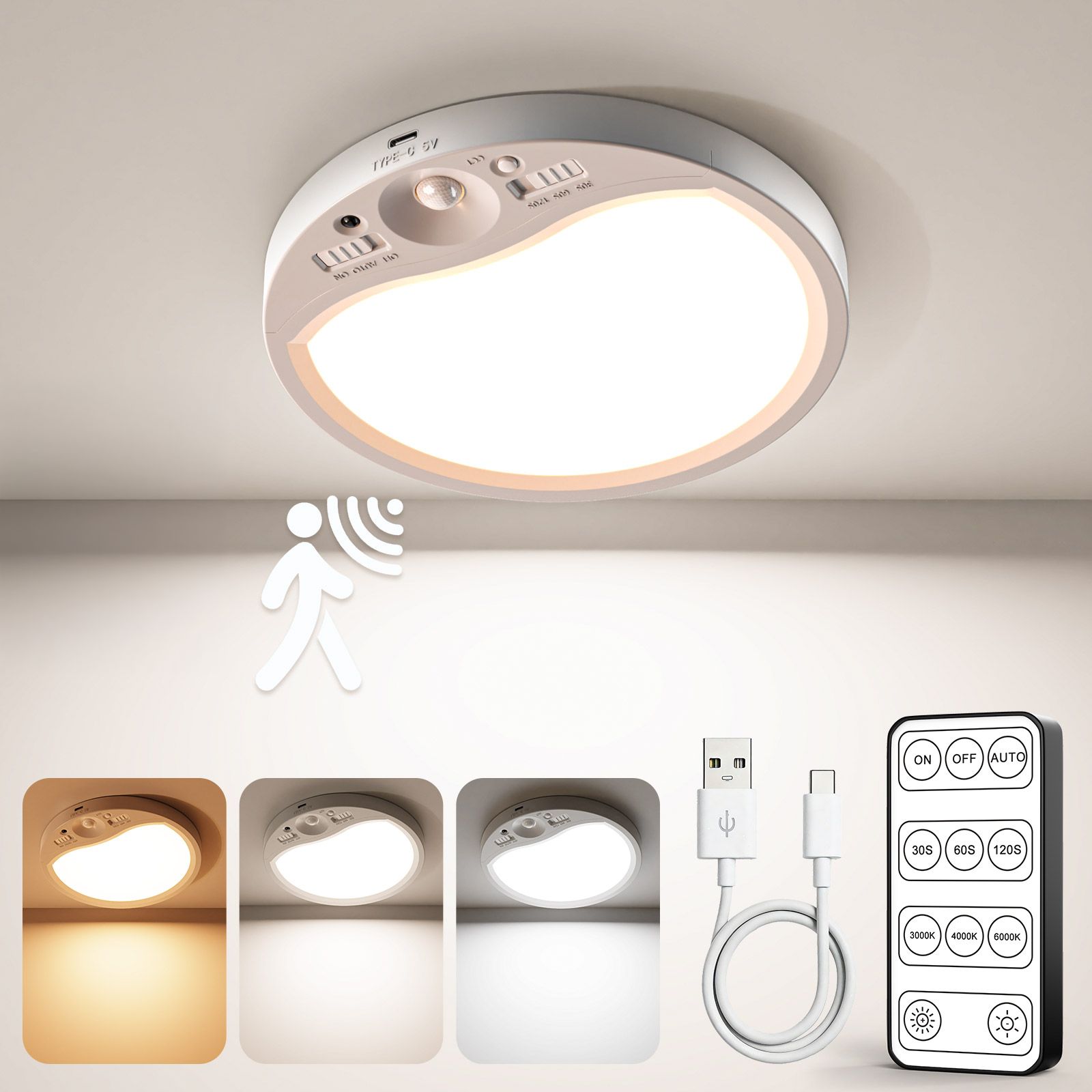 Yannovus 8000mAh Motion Sensor Ceiling Light Indoor with Remote, 3-Color Magnetic Battery Operated Lights, 7'' Super Slim Ceiling Light Adjustable Motion Timer 30s/60s/120s for Closet Shower