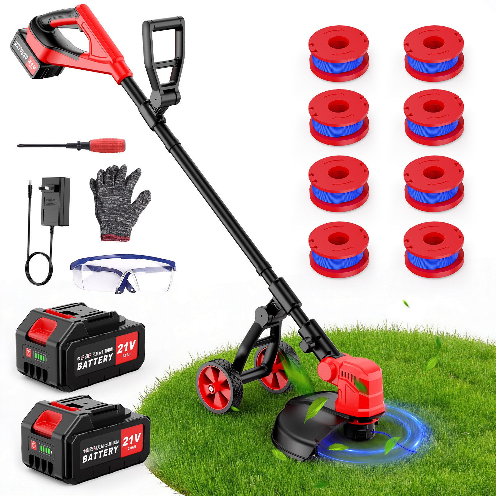 Tanbaby 12-inch Cordless String Trimmer with Wheels, Electric Grass Trimmer With 2 X 3.0ah Batteries, Edger Lawn Tool Grass Cutter With 8pcs Line, Lawn Mover For Yard, Garden