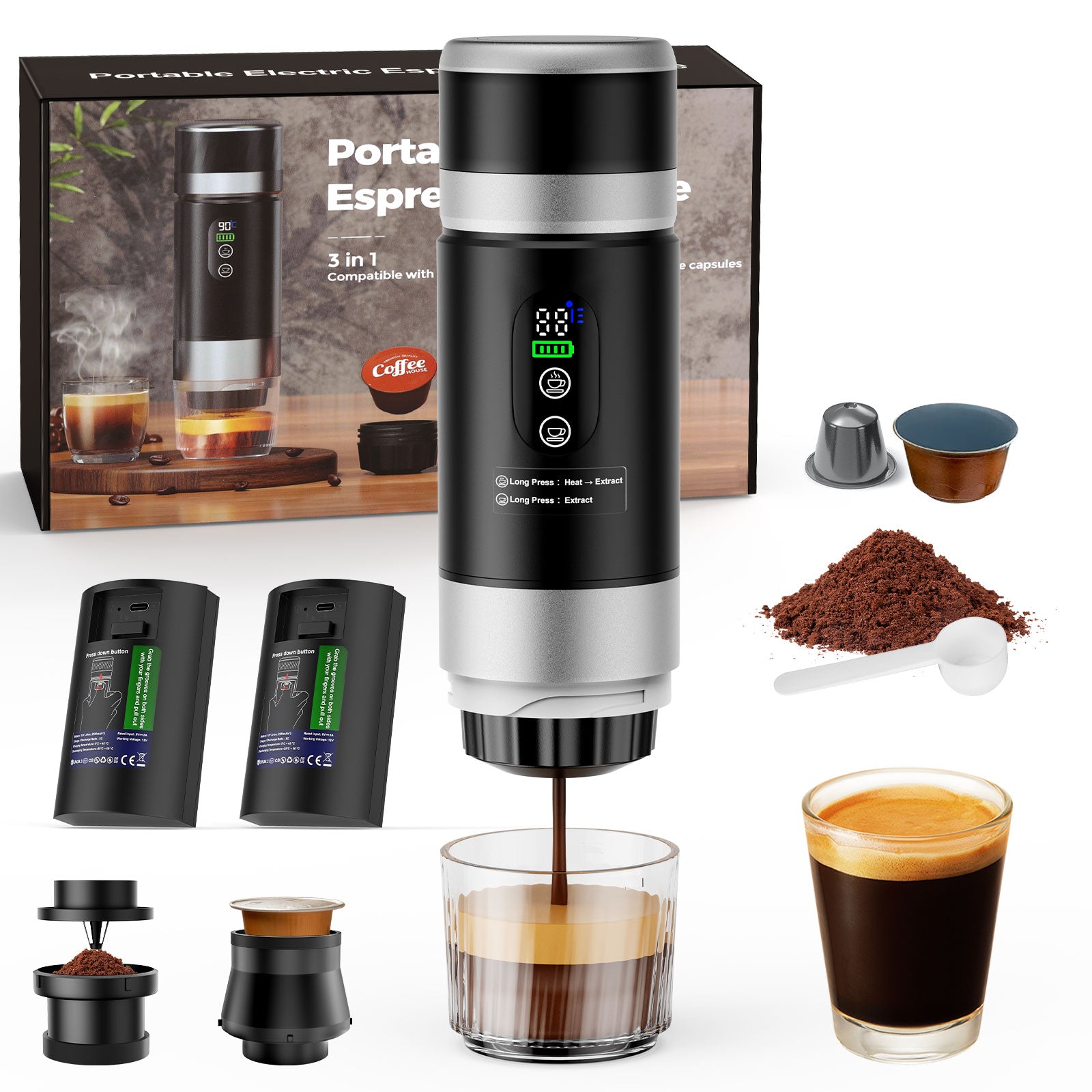 Portable Coffee Maker, with 2 Removable Batteries, 15,000mAh, Travel Espresso Makers, 80ml Hot/Cold Coffee, 20bar, Express Coffee Machine for Camping, RV, Back Packing, Office