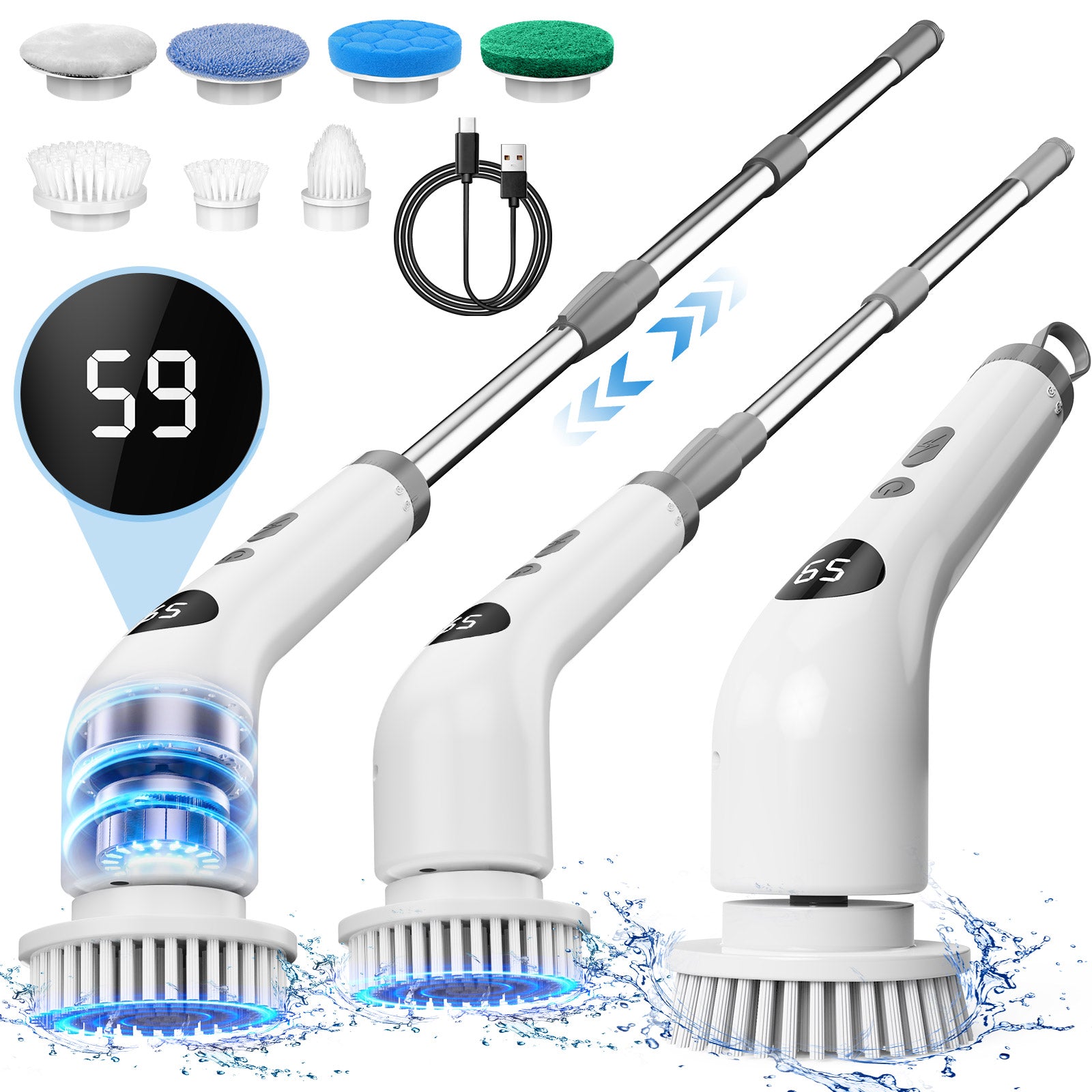 Amiluo Electric Spin Scrubber, Cordless Bathroom Cleaning Brush, Two-Speed Power Scrubber with Extension Handle & 7 Replaceable Heads for Shower Tub Tile Floor