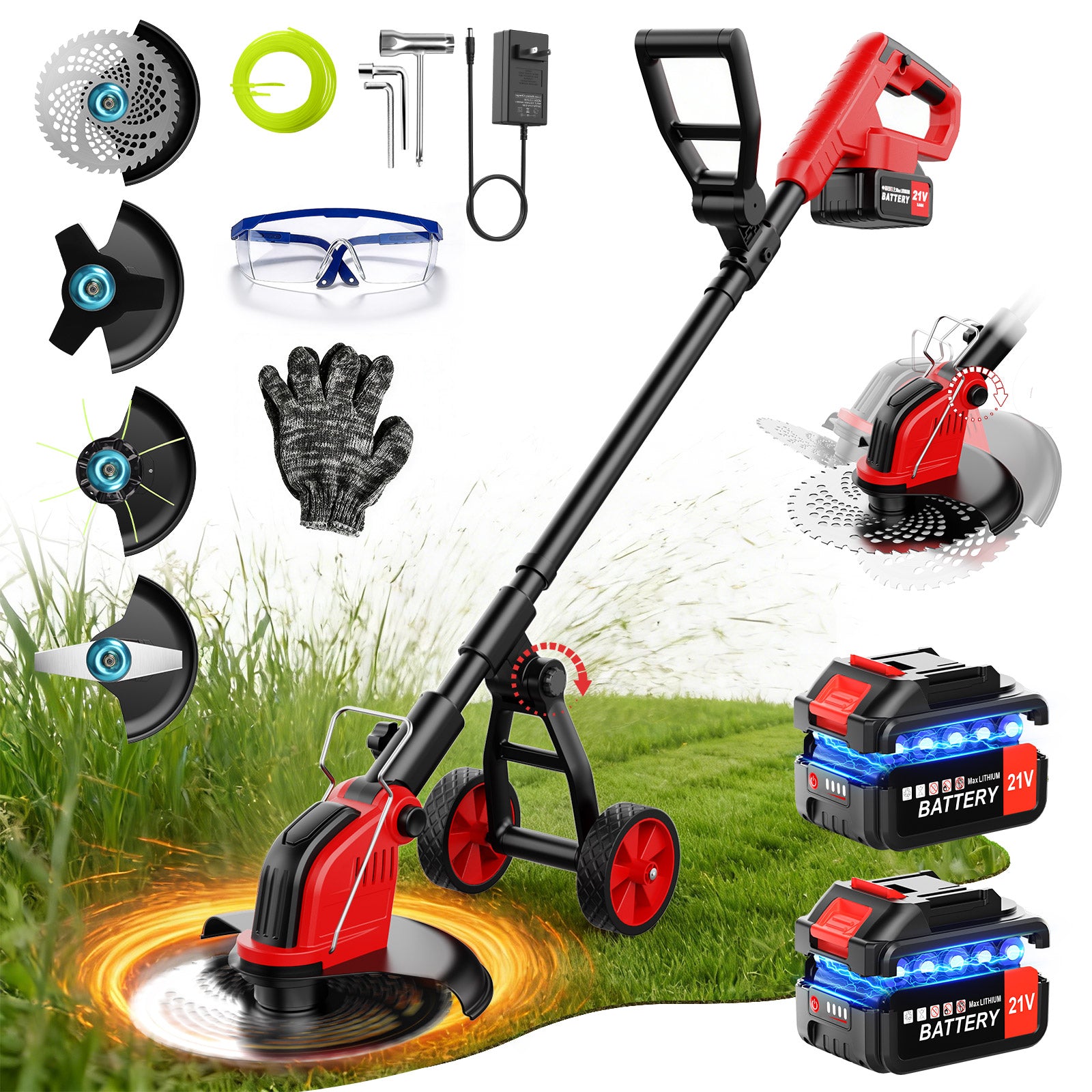 Tanbaby 12-inch Weed Eater Cordless, Battery Powered Weed Wacker with Wheels, Weed Trimmer with two 3.0Ah Batteries & 4 Types Cutting Blades for Lawn Garden Trimming
