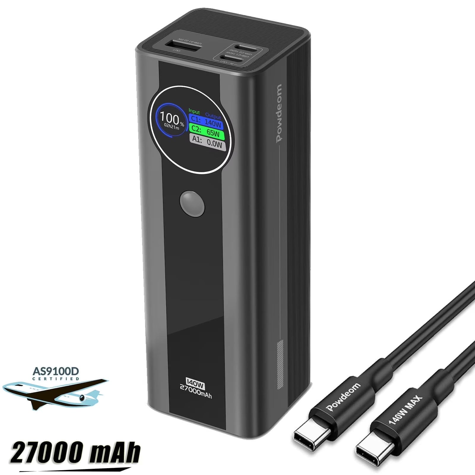 140W Power Bank, 27,000mAh 3-Port PD3.1 Portable Charger, Smart Digital Display, Compatible with iPhone 15/15 Plus/15 Pro/15 Pro Max, iPhone 14/13 Series, Samsung, MacBook, Dell, AirPods