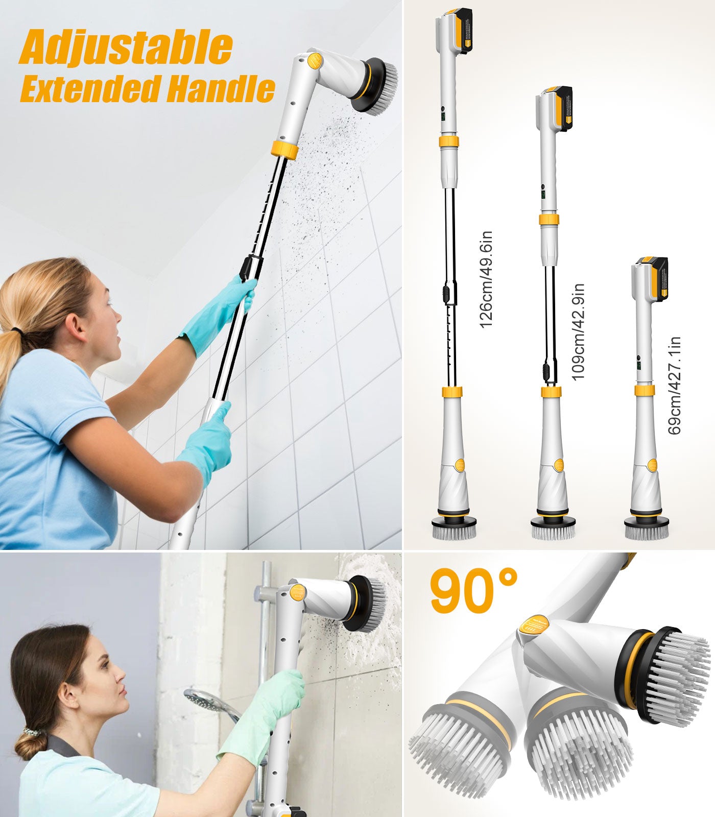 Amiluo Electric Spin Scrubber, Extra Large Brush, 6000 mAh Best Battery Power Scrubber, 1200 RPM Cordless Bathroom Cleaning Brush with Extension Handle, 8 Replaceable Heads for Shower/Floor, White