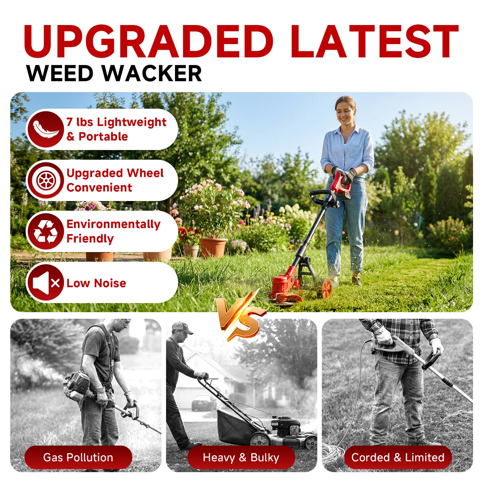 Tanbaby 6 inch Weed Eaters Cordless with Wheels, 3-in-1 Battery Powered Grass Trimmer & String Trimmer/Brush Cutter, Lawn Mower Edger Lawn Tool for Garden Yard