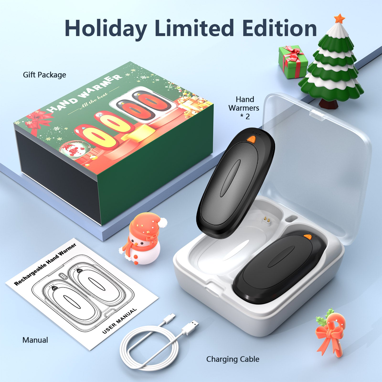 Rechargeable Hand Warmers with Charge Case, 2 Packs 14,000mAh Electric Dual Sided Hand Warmer, Reusable Electric Pocket Heater for Hunting, Portable Heater Gifts for Christmas,Outdoor,Camping