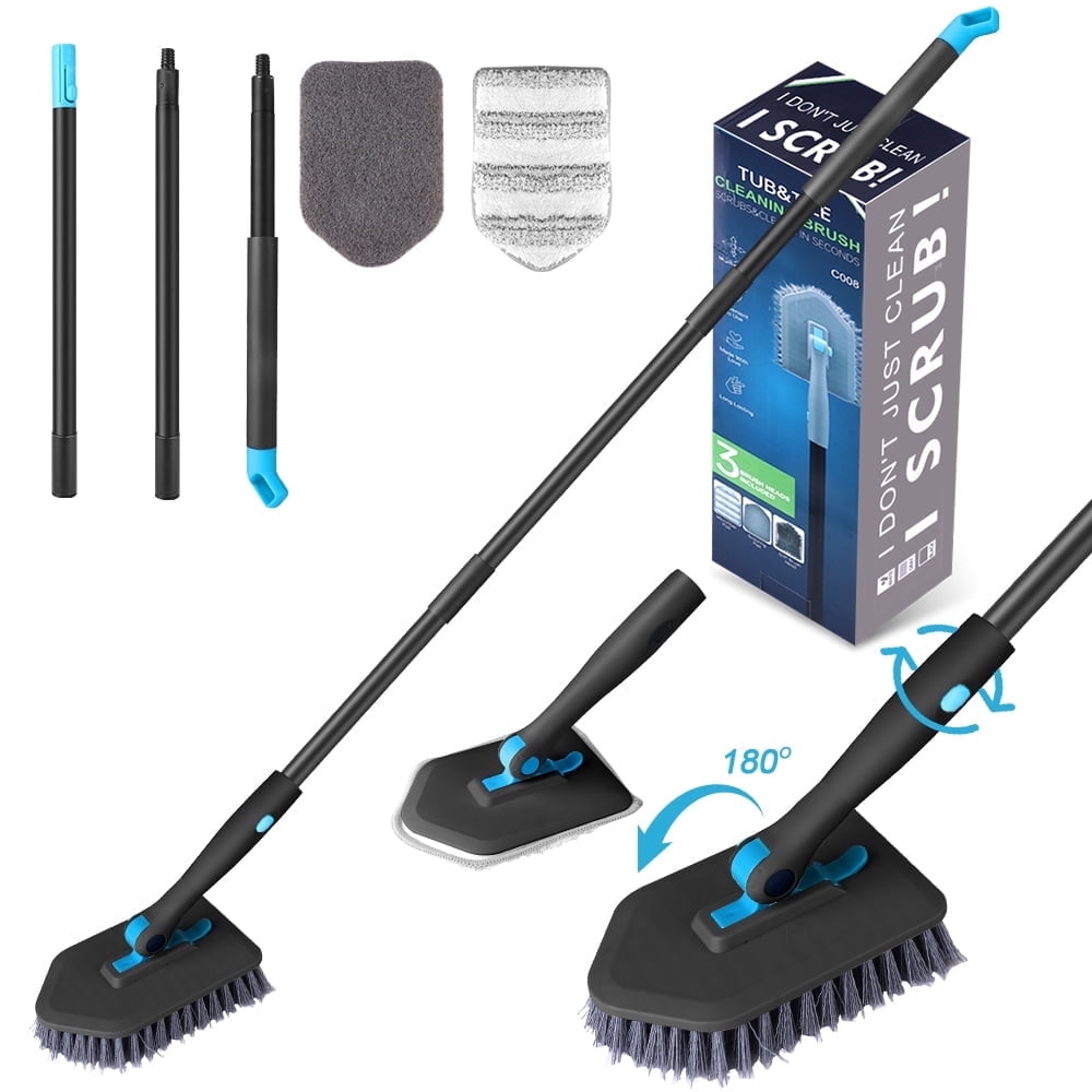 Amiluo Shower Cleaning Brush with 50.4'' Long Handle, Fixable Shower Scrubber for Cleaning, Adjustable Long Handled Scrub Brush for Shower/Bathroom(White)