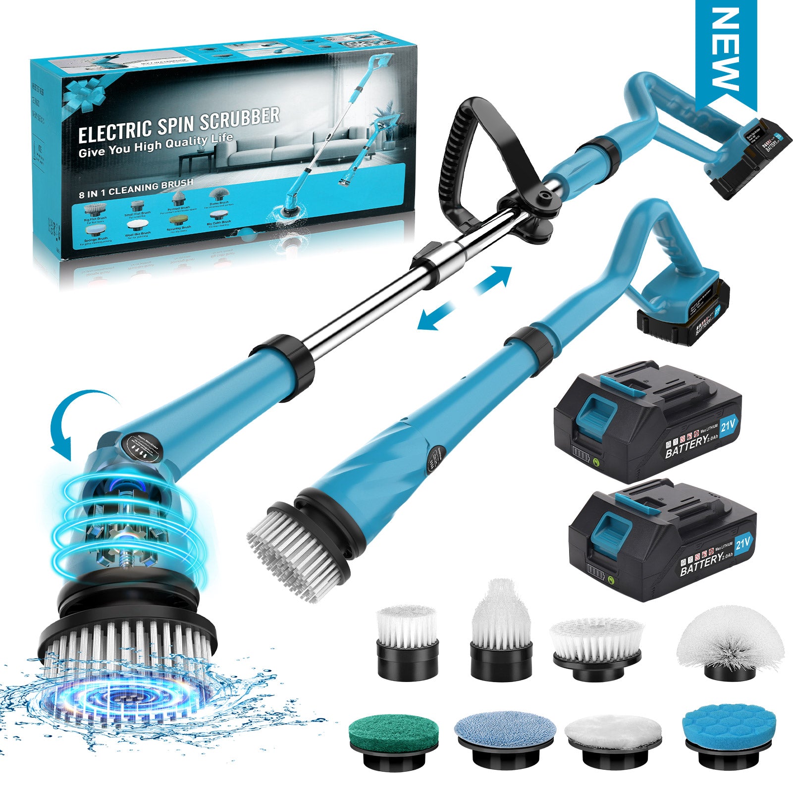 Amiluo Electric Spin Scrubber, 1500 RPM Cordless Bathroom Cleaning Brush with 4000 mAh Large Battery, 8 Replaceable Heads, Extension Handle & Display, Power Scrubber for Shower/Floor/Tub, A4-Blue