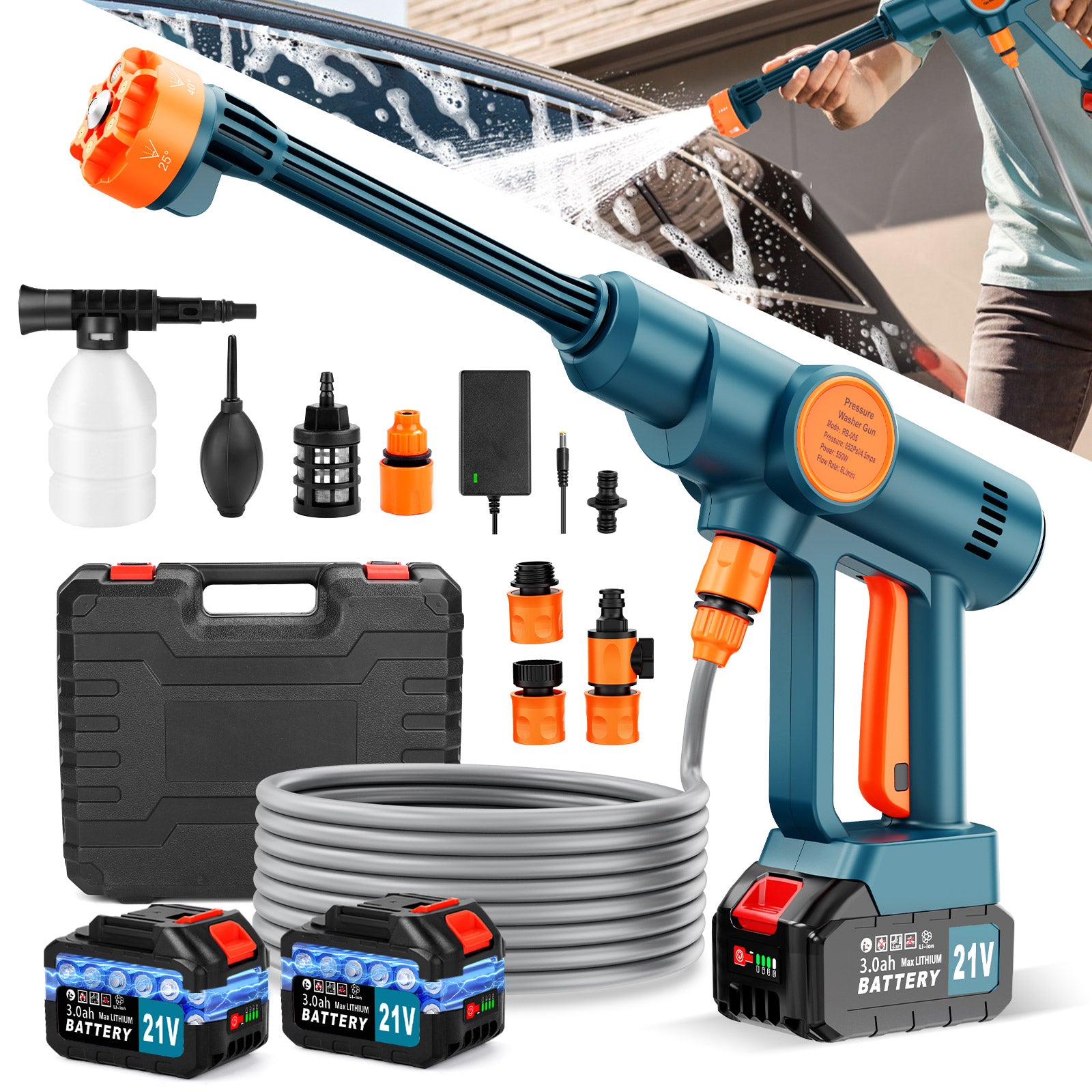 Lemolifys 21V Battery Cordless Pressure Washer with 6-in-1 Nozzle for Car, Patio