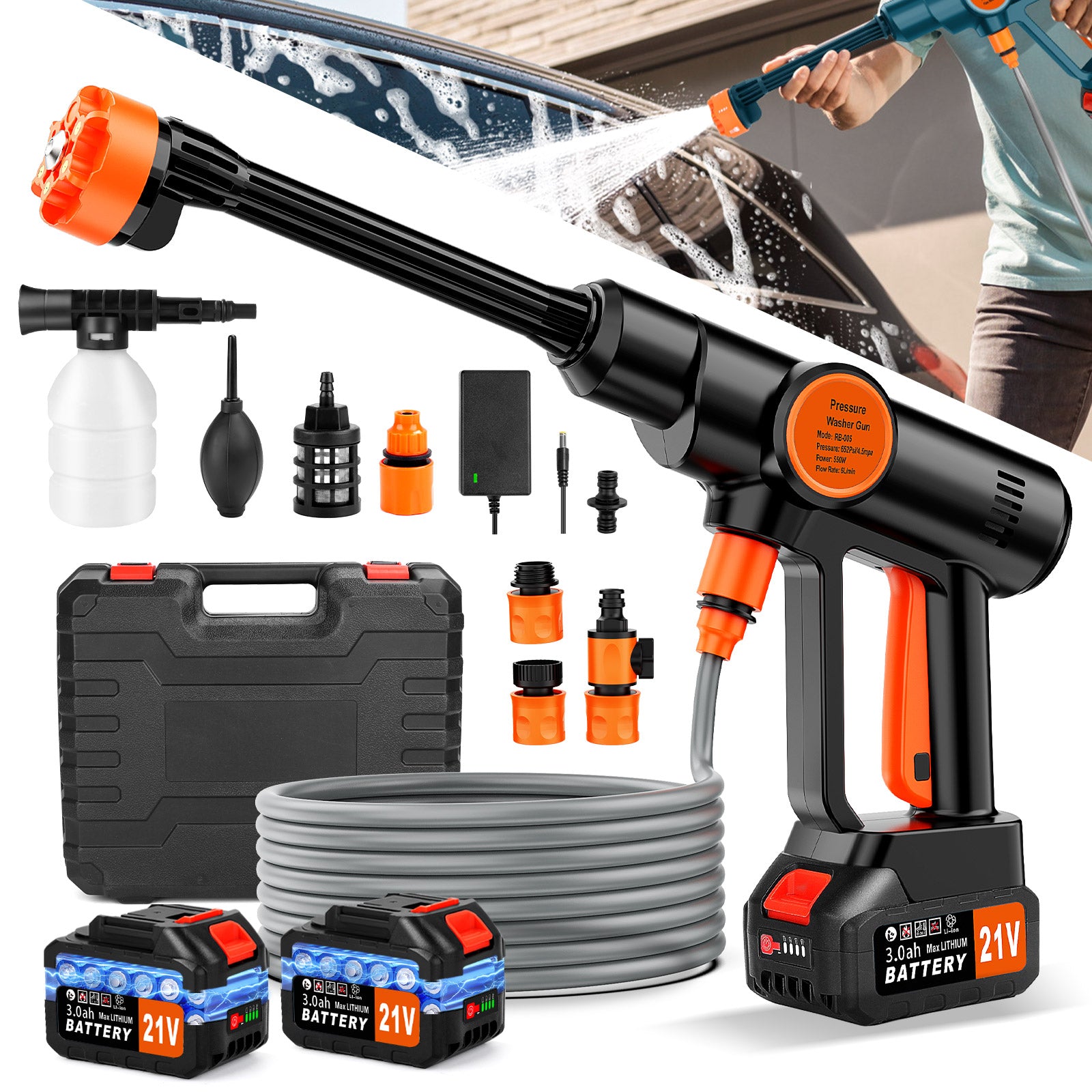 Tanbaby Portable Cordless Pressure Washer, Electric Power Washer Battery Powered, Handheld Car Washer with 6-in-1 Nozzle,17FT Drain Hose, Power Cleaner for Patio Floor Fence Deck Indoor