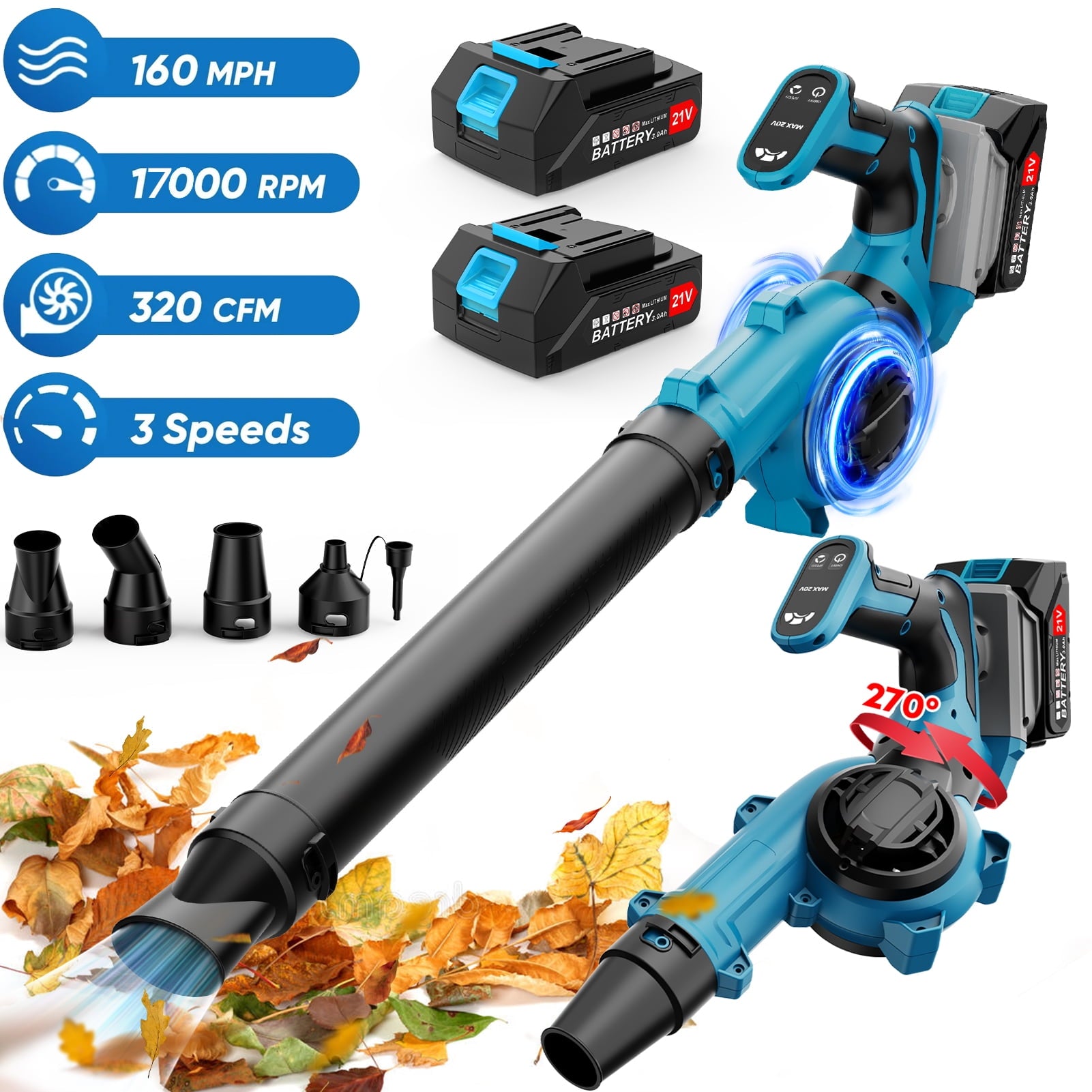 Leaf Blower Cordless with 2 X 3.0Ah Battery and Charger