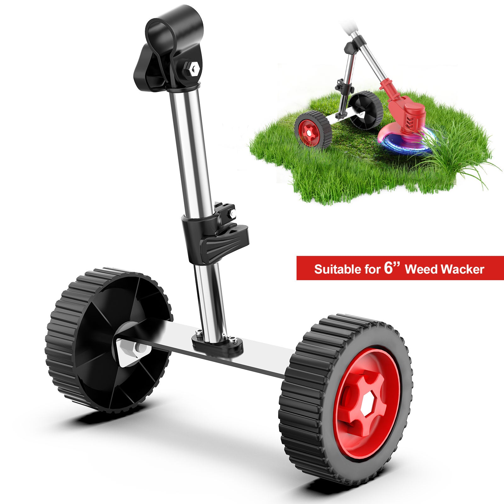 Tanbaby Grass Trimmer Support Wheel for 6” Weed Eater with T-Shape Bracket Adjustable Lawn Mower Auxiliary Wheels with 2 Stable Buckles