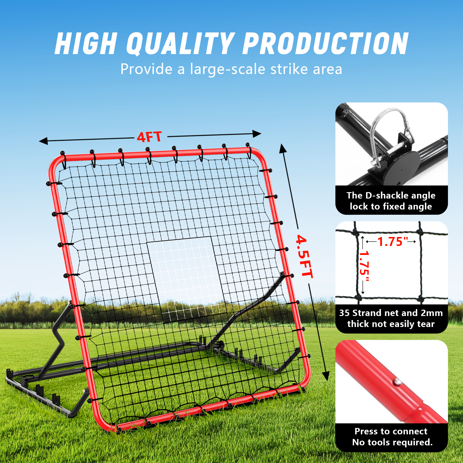 Kidovin Baseball Net, 4 X 4.5 ft Lacrosse Rebounder with 3 Adjustable Angles & 2 Targets, Softball Equipment for Hitting and Pitching