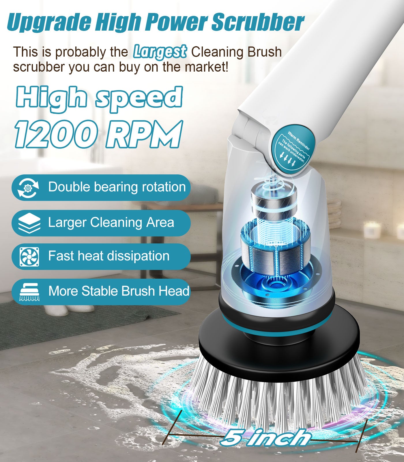 Amiluo Electric Spin Scrubber, 6000 mAh Ultra-Large Battery, 1200 RPM Power Cordless Cleaning Brush with Extension Handle, 8 Replaceable Heads & Display, Shower Brush for Tub/Floor/Bathroom, A5/Blue