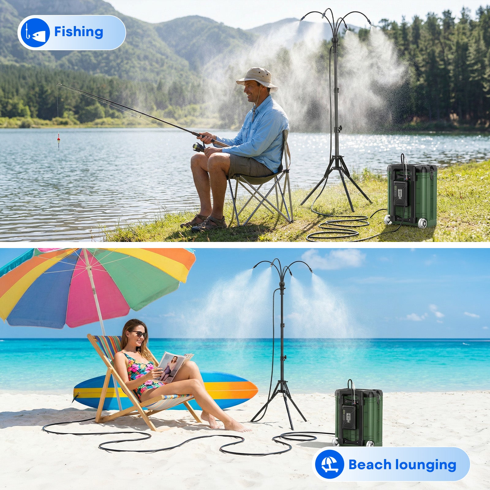 Tanbaby Standing Misters Set with 15L Bucket, 10000mAh Portable Misting Cooling System for Outside Patio, 3.9FT Adjustable Height for Outdoor BBQ, Beach, Pool, Sprinkler, Camping