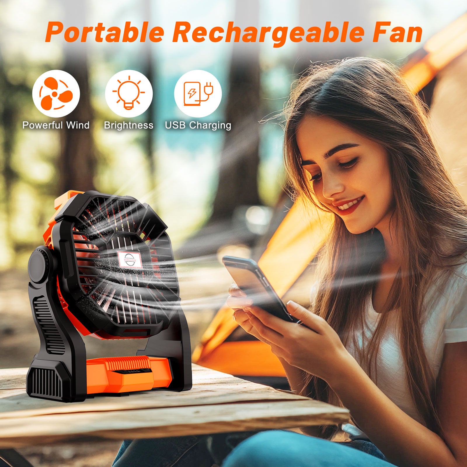 Portable Fan Rechargeable, Fimilo Cordless Battery Powered Fan with LED Light & Hook, Small Table Fan, USB Battery Operated Fans for Travel Bedroom Home Camping Tent Office