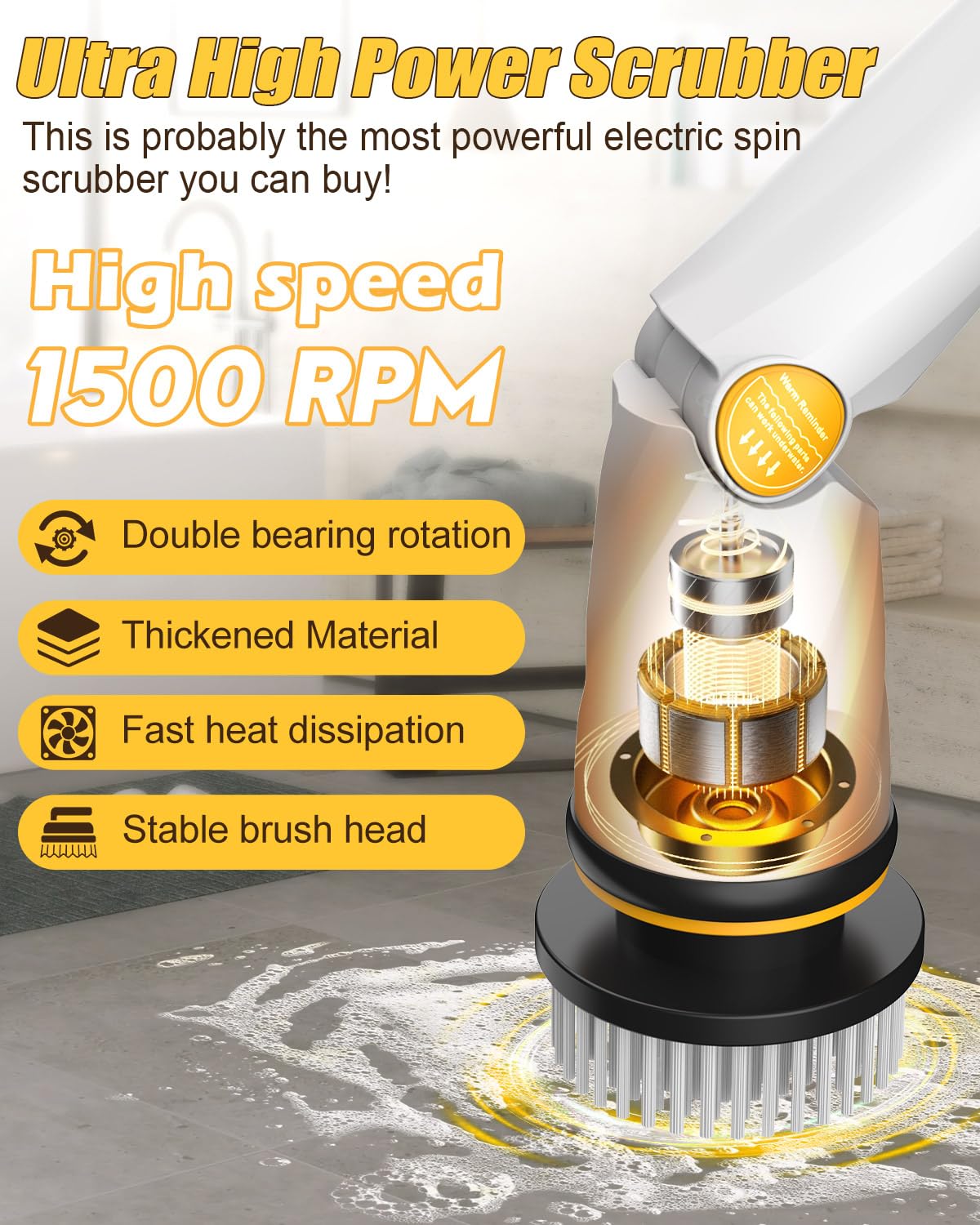 Amiluo Electric Spin Scrubber, 1500 RPM Ultra-High Speed, Cordless Bathroom Cleaning Brush with Extension Handle, 8 Replaceable Heads & Large Battery, Power Scrubber for Shower, Tub, Floor, A4/White