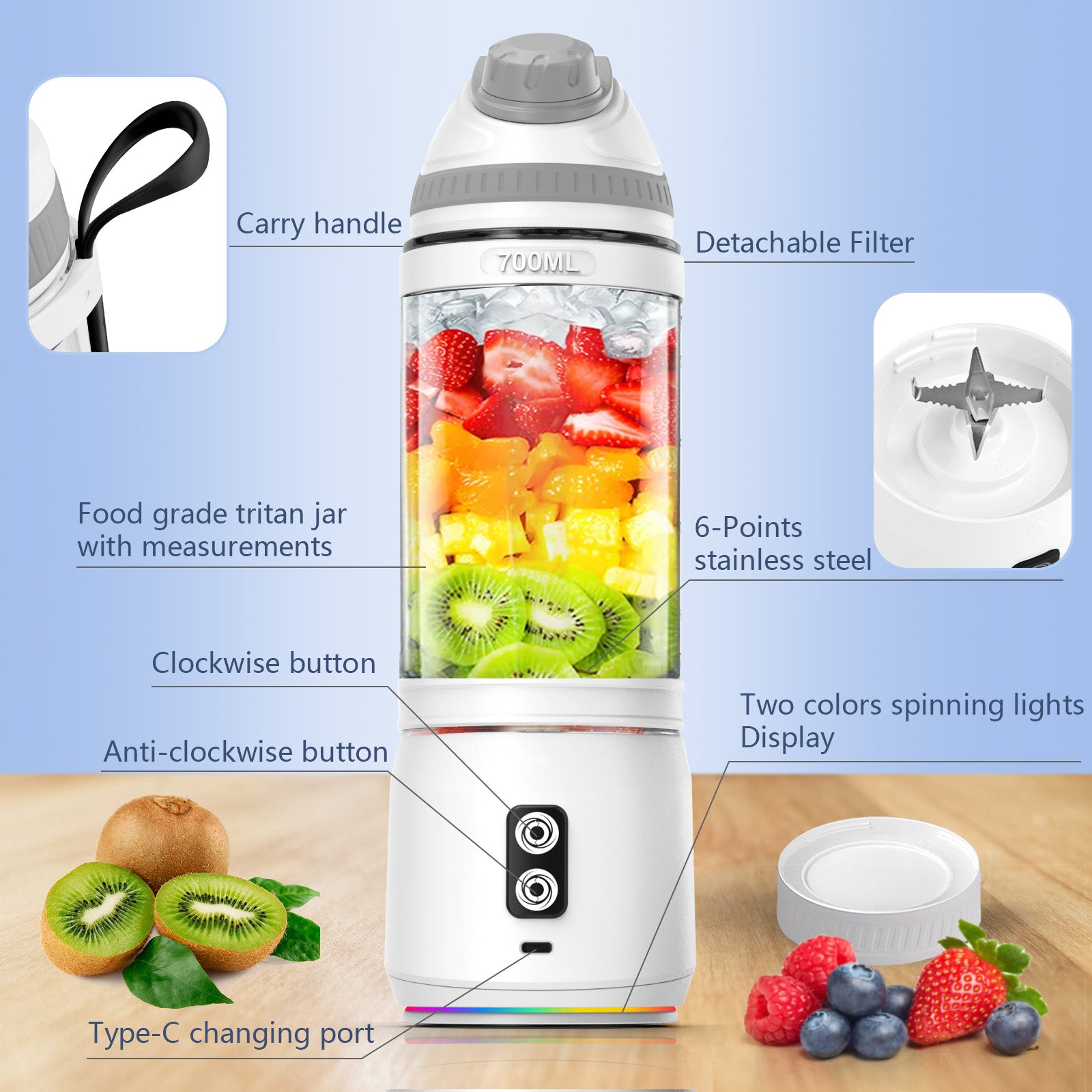 Portable Blender,Veubew Personal Blender 240 Watt for Shakes and Smoothies with 6 Metal Blades, 24 oz Mini Blender Cup with Travel Lid and USB Rechargeable for Office, Gym, Kitchen (Gray)