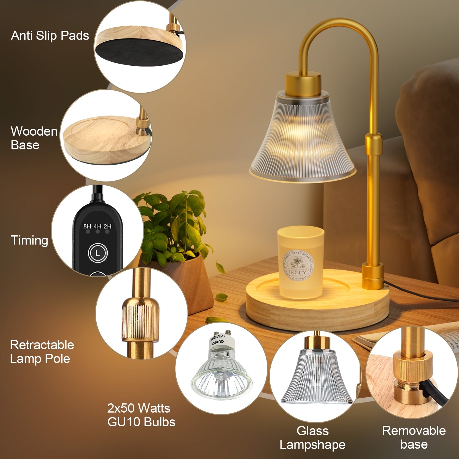 Candle Warmer Lamp, Adjustable Height Candle Warmer, Timer, Dimmable, Home Decor, Wax Melts Warmer for Jar Candles with 2 Bulbs, Gifts for Mom