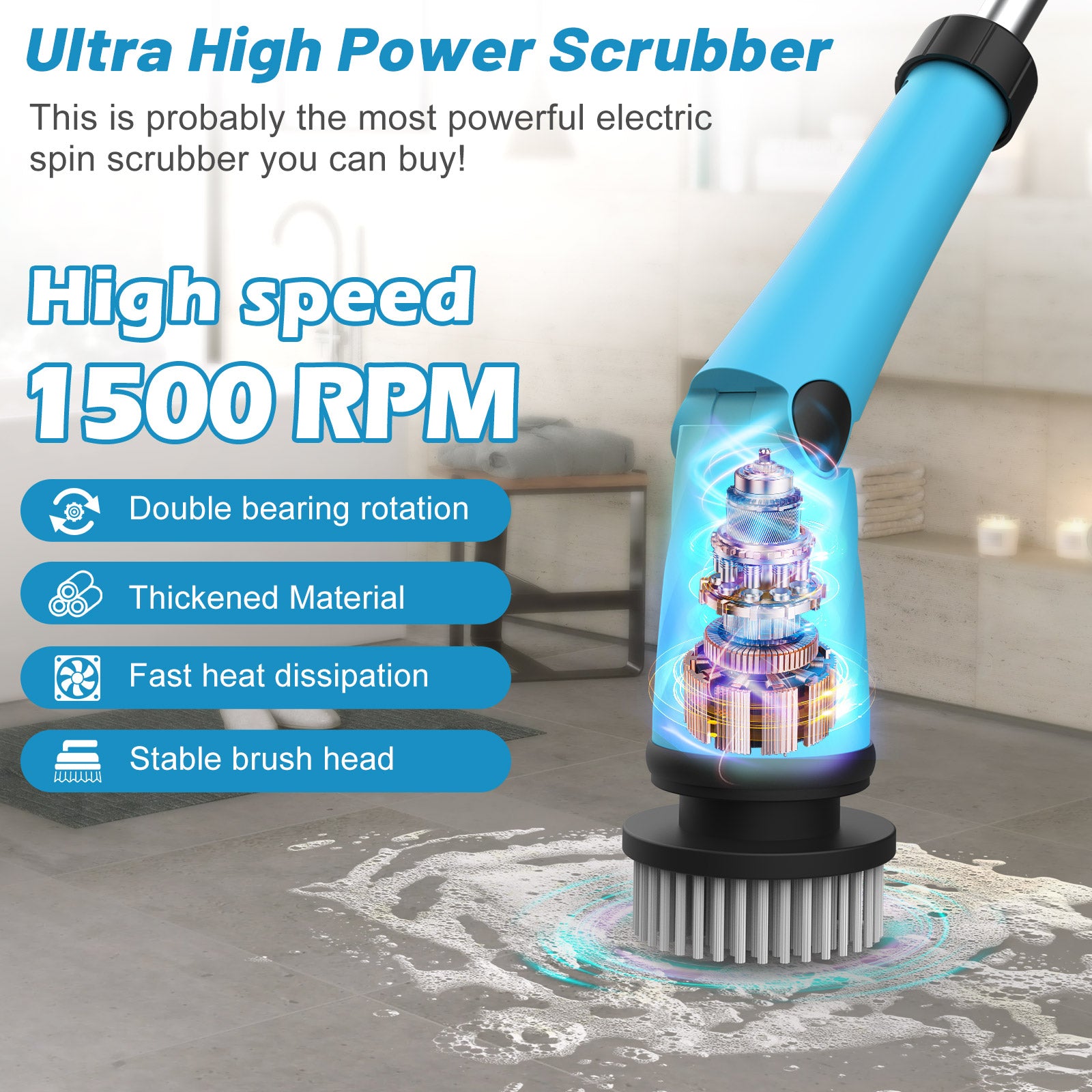 Amiluo Electric Spin Scrubber, 1500 RPM Cordless Bathroom Cleaning Brush with 4000 mAh Large Battery, 8 Replaceable Heads, Extension Handle & Display, Power Scrubber for Shower/Floor/Tub, A4-Blue