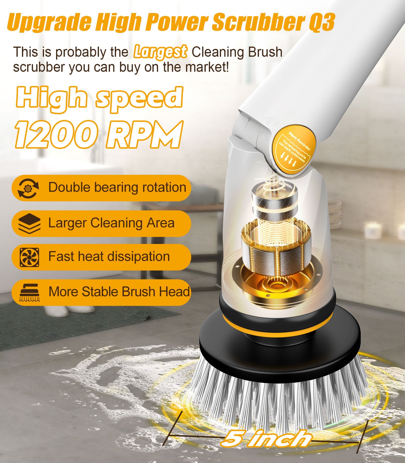 Amiluo Electric Spin Scrubber, Extra Large Brush, 6000 mAh Best Battery Power Scrubber, 1200 RPM Cordless Bathroom Cleaning Brush with Extension Handle, 8 Replaceable Heads for Shower/Floor, White