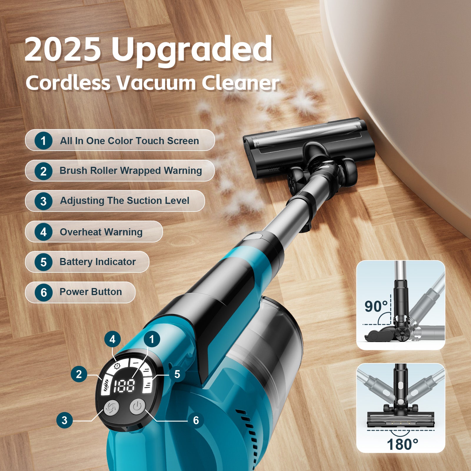 Amiluo Cordless Vacuum Cleaner, 700W 60KPA 72mins Brushless Vacuum Cleaners for Home, 8000mAh large Battery Stick Vacuum with Hepa Filter, 6 in 1 Handheld Vacuum for Pet Hair/Carpet/Hard Floor, V1