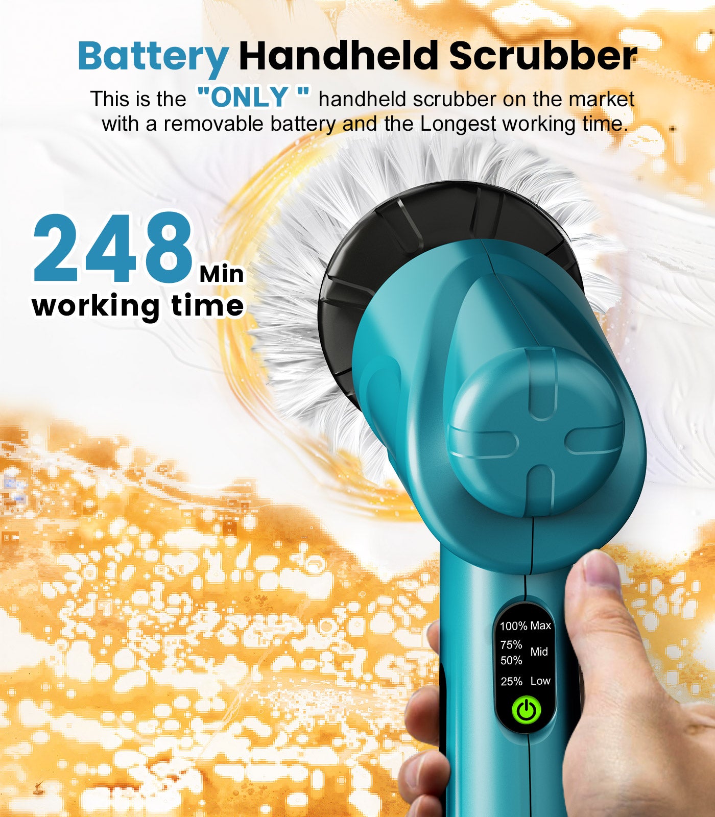 Amiluo Electric Spin Scrubber, 5000 mAh Cordless Handheld Cleaning Brush, 3 Speeds Power Scrubber with 5 Replaceable Heads & Display for Bathroom/Shower/Sink/Tub