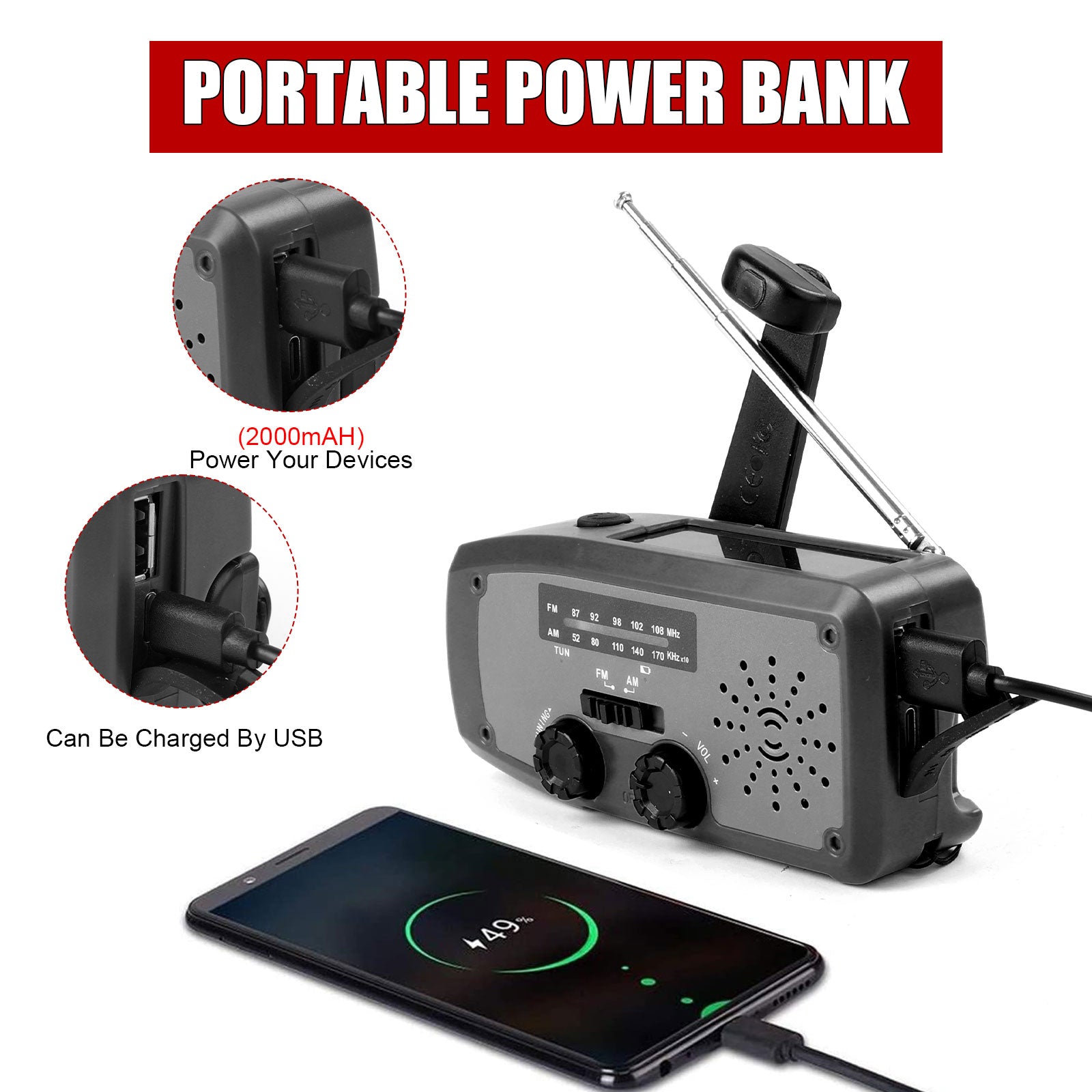 Fovendi Emergency Hand Crank Radio with LED Flashlight, AM/FM NOAA Portable Weather Radio with 2000mAh Power Bank Phone Charger, USB Charged & Solar Power for Camping