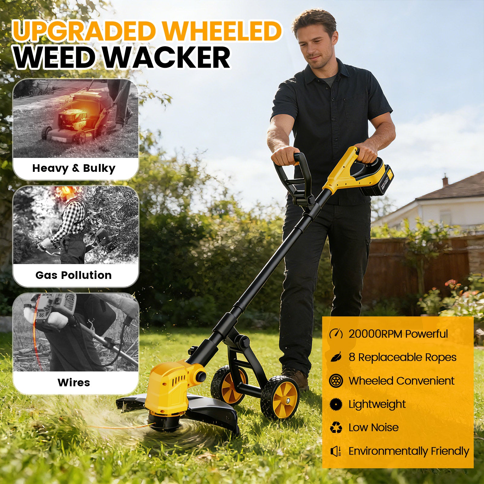 Lemolifys 12-inch Cordless String Trimmer with Wheels, 21V Batterry and 8Pcs Line for Yard Garden