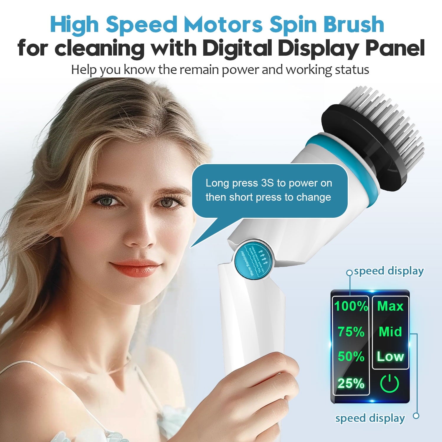 Amiluo Electric Spin Scrubber, 1500 RPM Ultra-High Speed, Cordless Bathroom Cleaning Brush with Extension Handle, 8 Replaceable Heads & Large Battery, Power Scrubber for Shower, Tub, Floor, A4/Blue