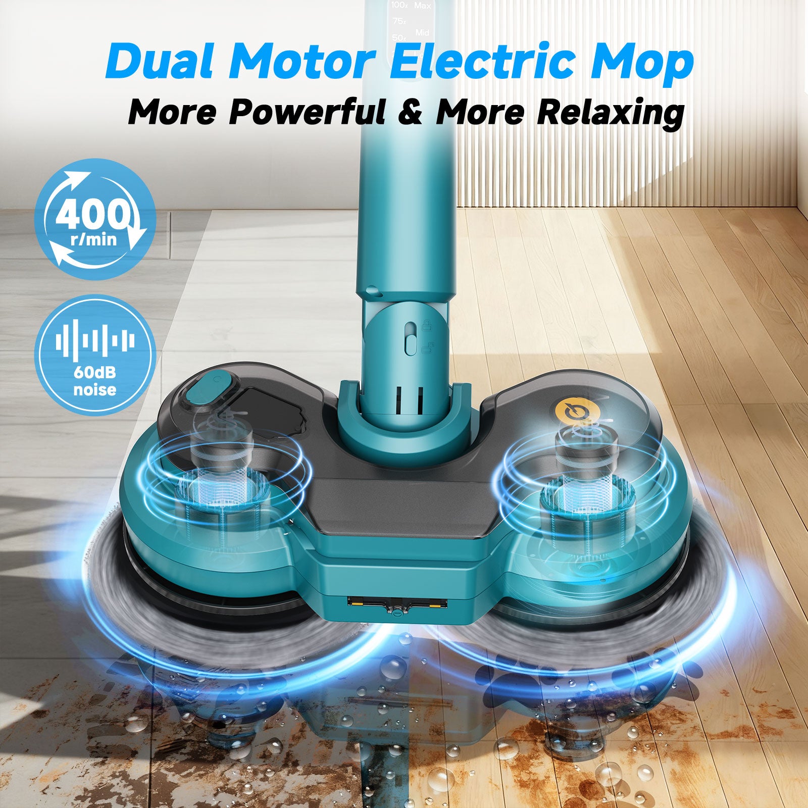 Amiluo Cordless Electric Mop, Dual-Motor Power Spin Mop for Floor Cleaning with 5000 mAh Battery, Water Spray, LED Headlights & Smart Display, Self-Propelled for Multi-Surface, M1