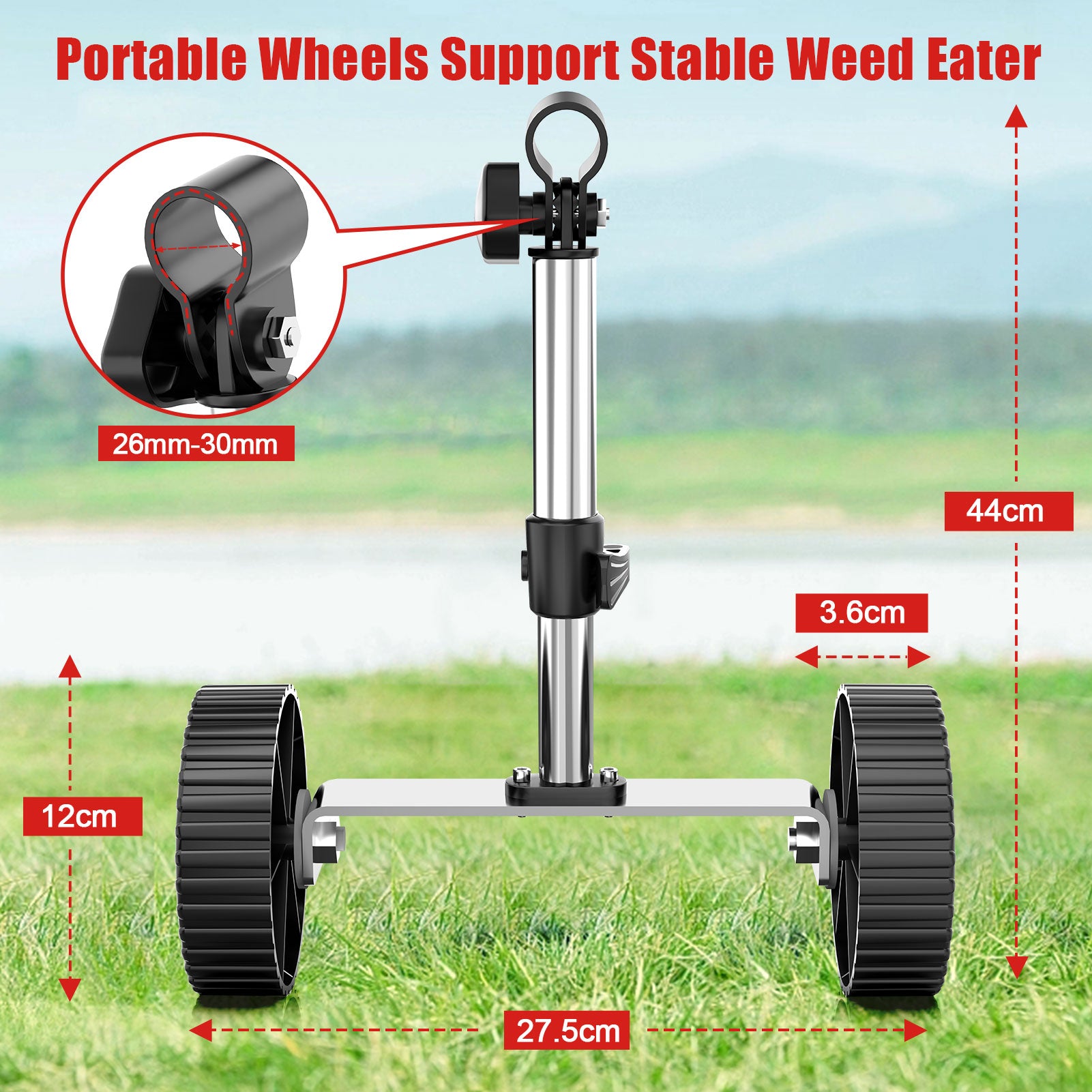 Tanbaby Electric Weed Wacker Attachment Wheels for 8/9” Weed Eater, Adjustable Cordless String Trimmer Auxiliary Wheels, Tool Pole Dia 26-28mm Adjustable Support Wheel