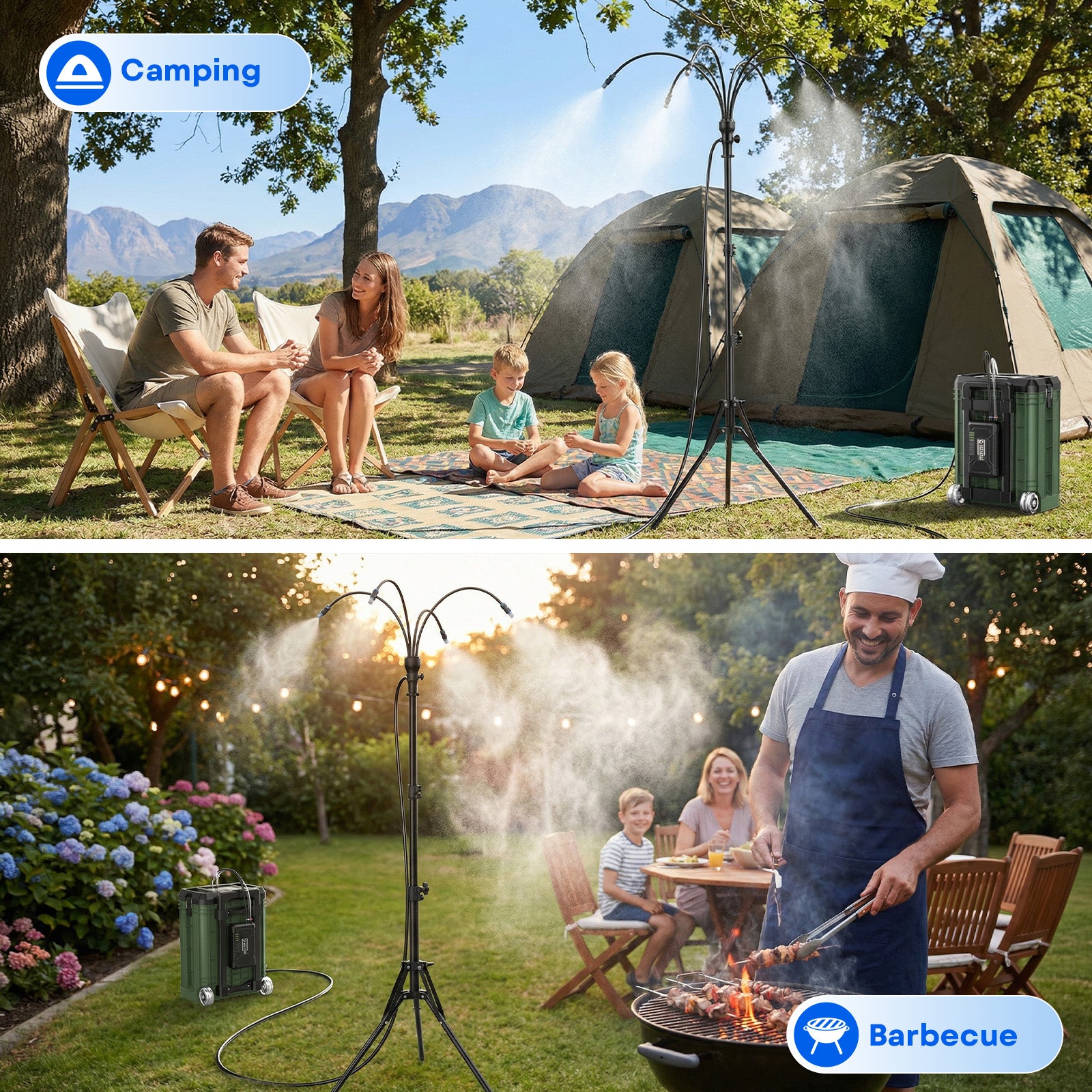Tanbaby Standing Misters Set with 15L Bucket, 10000mAh Portable Misting Cooling System for Outside Patio, 3.9FT Adjustable Height for Outdoor BBQ, Beach, Pool, Sprinkler, Camping