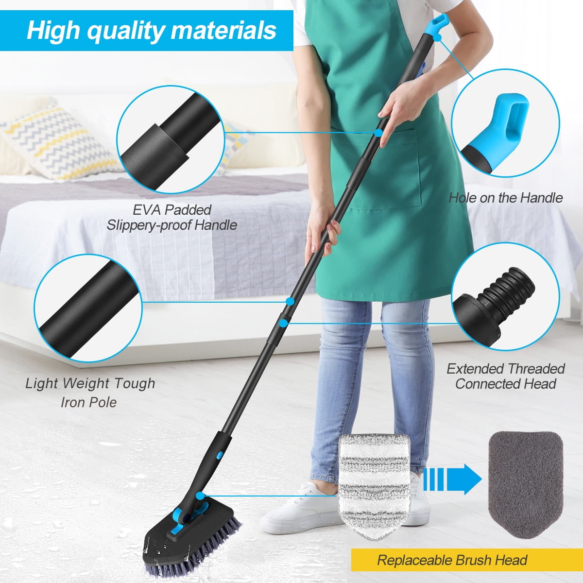 Amiluo Shower Cleaning Brush with 50.4'' Long Handle, Fixable Shower Scrubber for Cleaning, Adjustable Long Handled Scrub Brush for Shower/Bathroom(White)