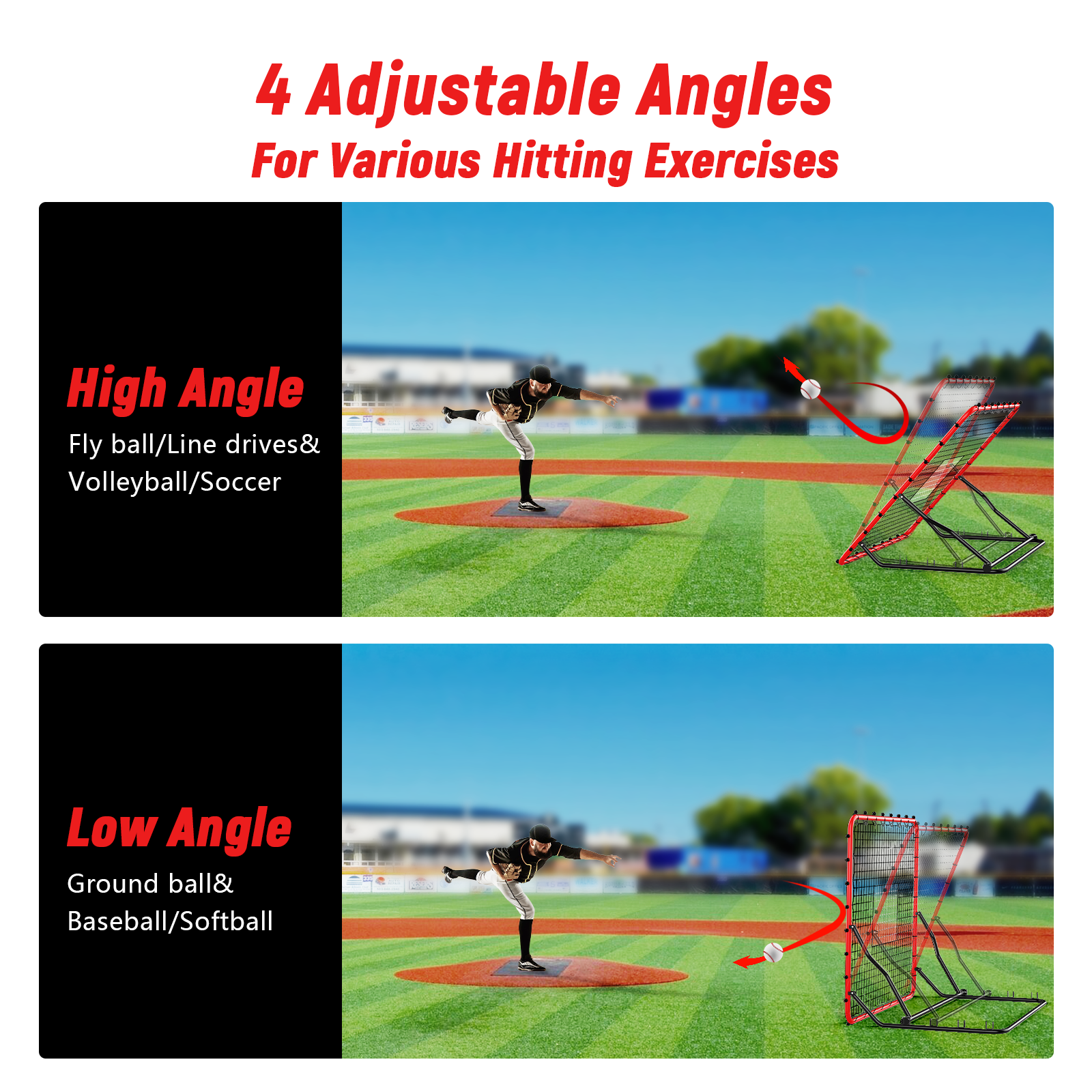 Kidovin Baseball Net, 4 X 4.5 ft Lacrosse Rebounder with 3 Adjustable Angles & 2 Targets, Softball Equipment for Hitting and Pitching