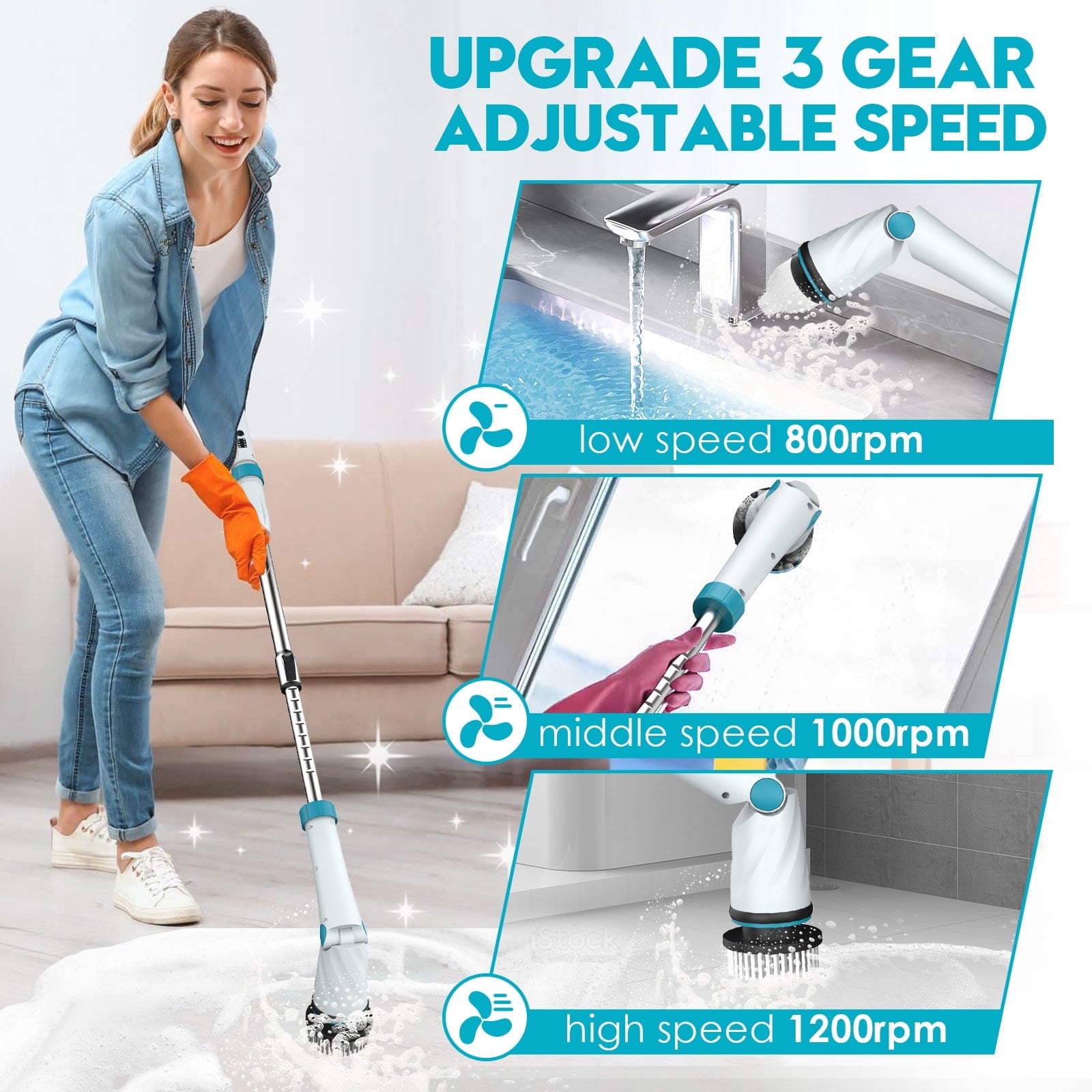 Amiluo Electric Spin Scrubber with Battery, 1200 RPM High Power Electric Scrubber for Cleaning, Shower Cordless Cleaning Brush with LED Display for Bathtub Grout Tile Floor (8 Brushes)