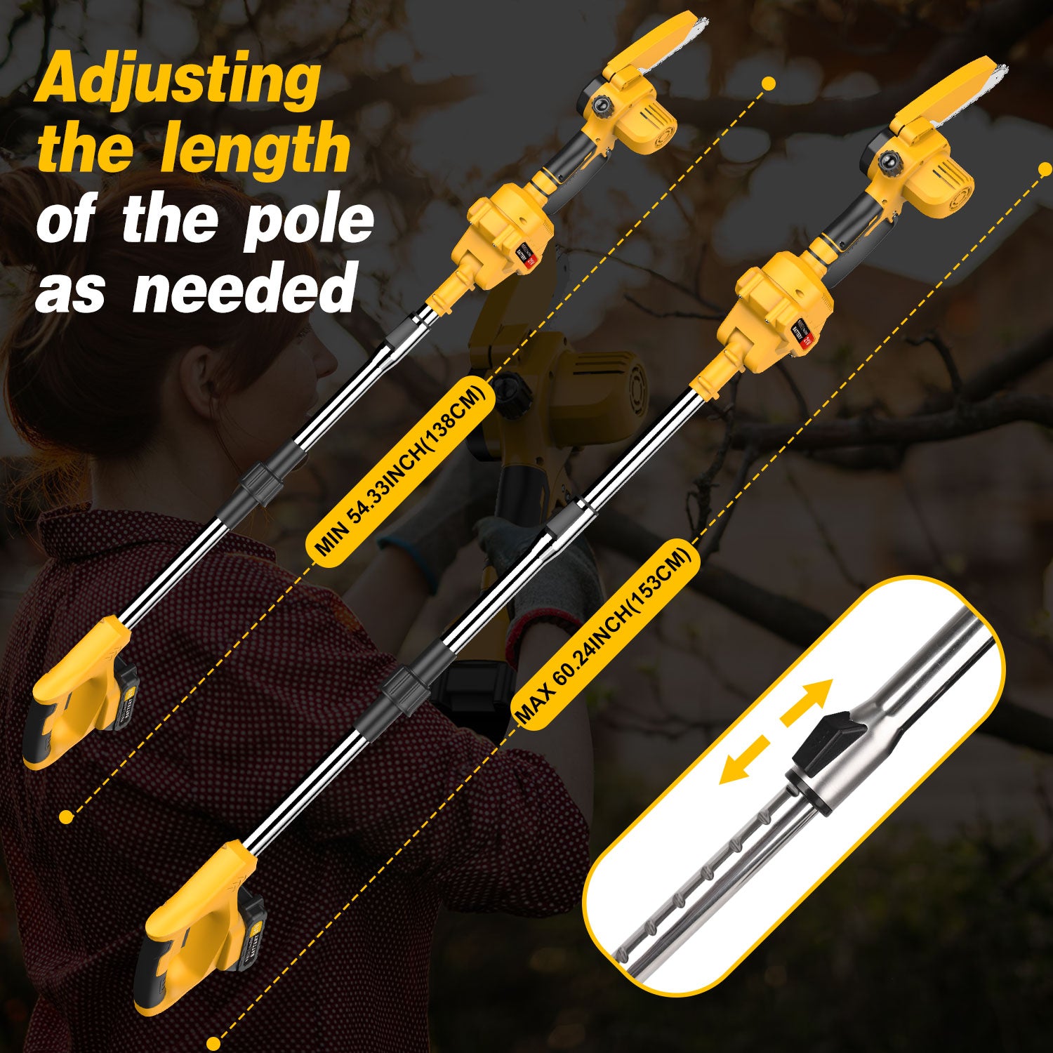 Tanbaby Cordless Pole Saw & Mini Chainsaw 2-in-1, Foldable/Retractable/Adjustable Head, 6 Inch Brushless Electric Rotatable Pole Saw & Multi-Angle for Tree Branches Pruning, Wood Cutting