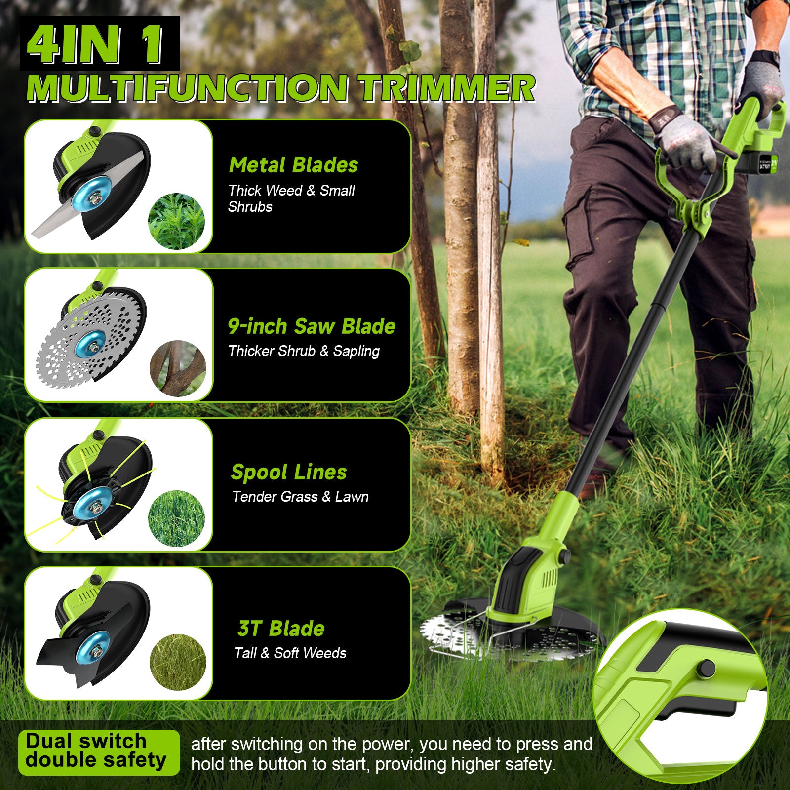 String Trimmer Cordless Electric Edge Trimmer/Edger, Tanbaby 9 inch 3-in-1 Grass Trimmer, Brushless Motor Weed Trimmer Kit, with 3.0Ah Battery , Charger & 10m Extra Spool