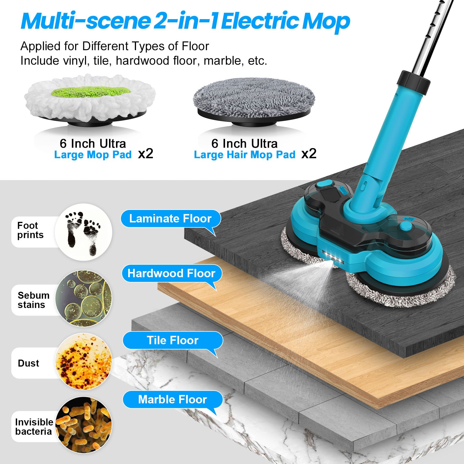 Amiluo Electric Mop, 4000 mAh Battery Cordless Spin Mop, 600 RPM Powerful Floor Cleaner with LED Headlights, Water Spray & Smart Display, Dual-Motor Scrubber & Mops for Multi-Surface, Self-Propelled
