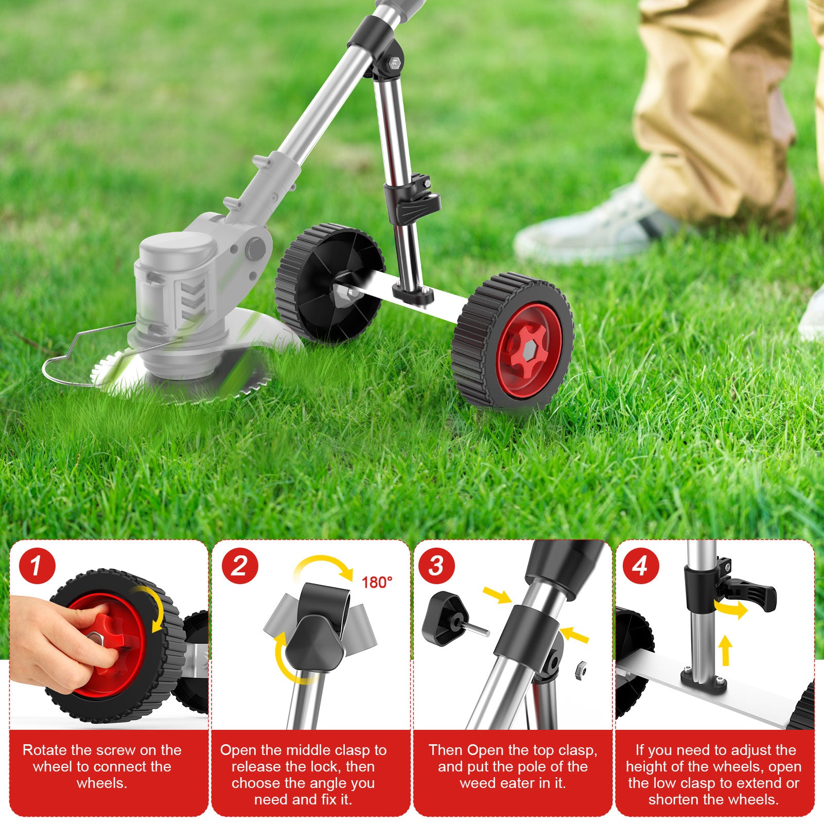Tanbaby Grass Trimmer Support Wheel for 6” Weed Eater with T-Shape Bracket Adjustable Lawn Mower Auxiliary Wheels with 2 Stable Buckles