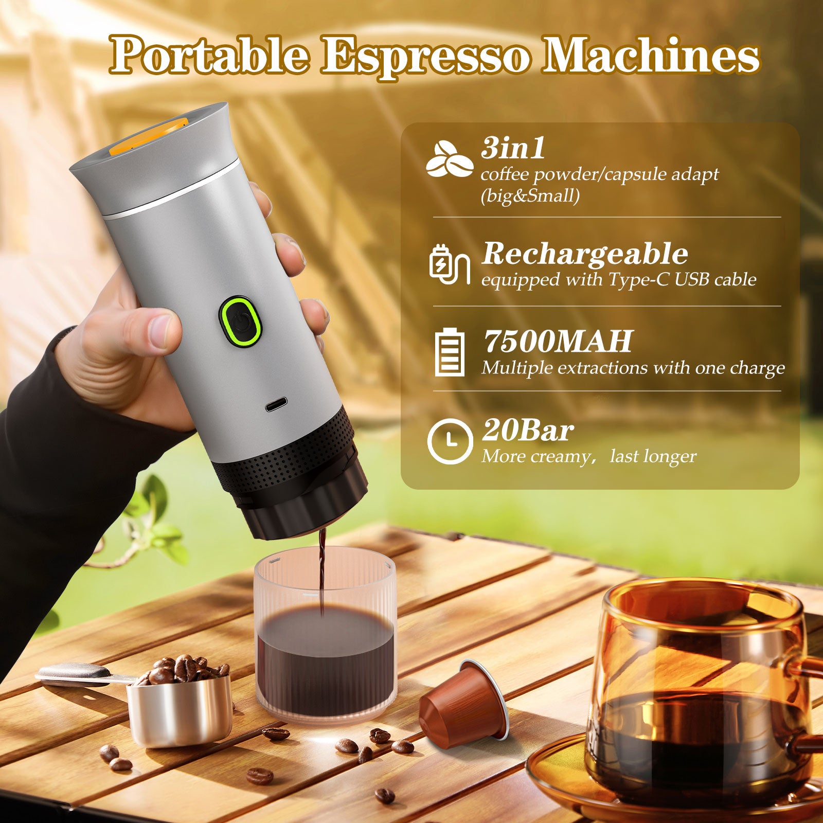 Veubew 3-in-1 Portable Espresso Maker, 20 Bar Mini Coffee Maker for Travel, Self-Heating Car Coffee Maker Compatible Ground Coffee & Capsules (NS&DG) for RV, Hiking, Office (Silver)