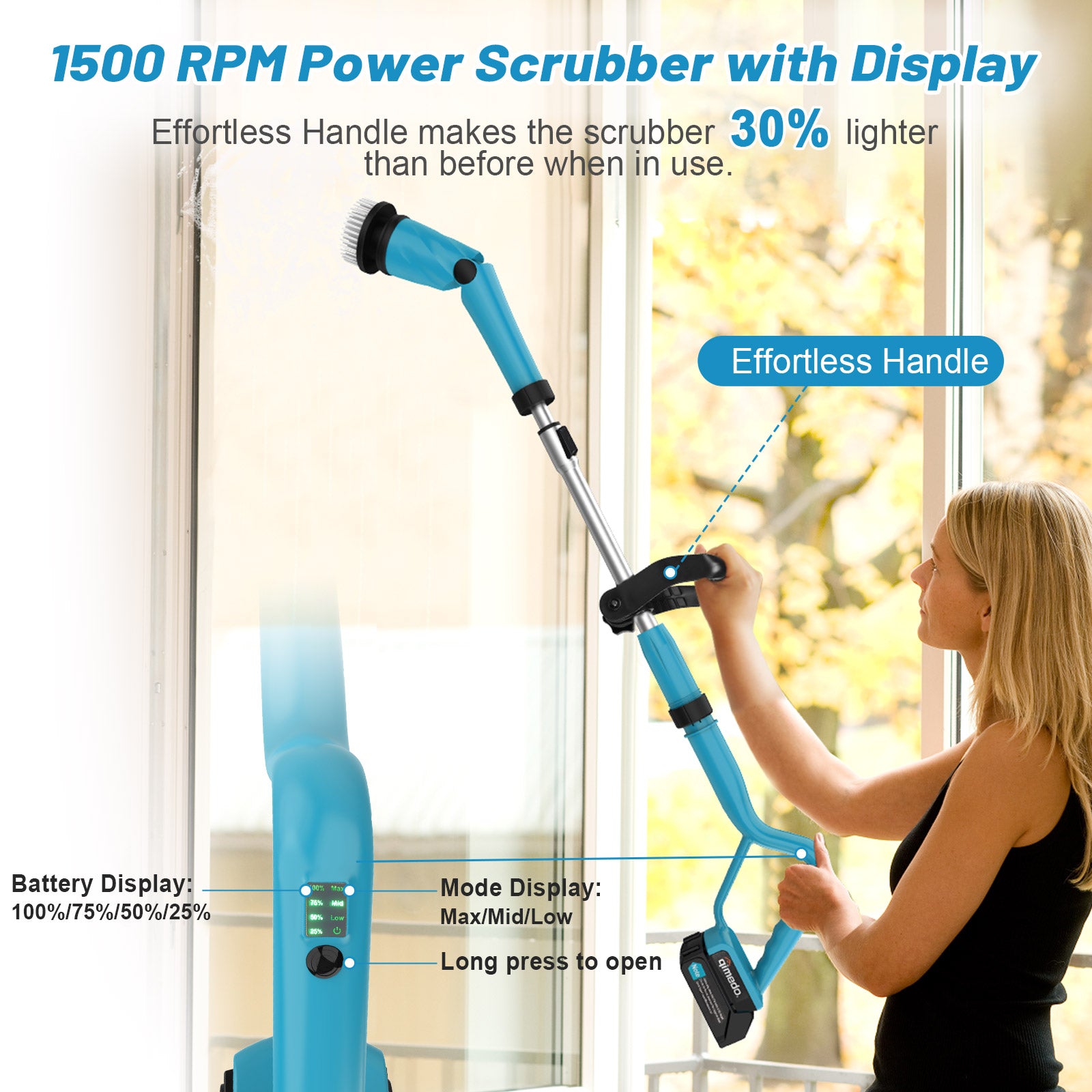 Amiluo Electric Spin Scrubber, 1500 RPM Cordless Bathroom Cleaning Brush with 4000 mAh Large Battery, 8 Replaceable Heads, Extension Handle & Display, Power Scrubber for Shower/Floor/Tub, A4-Blue