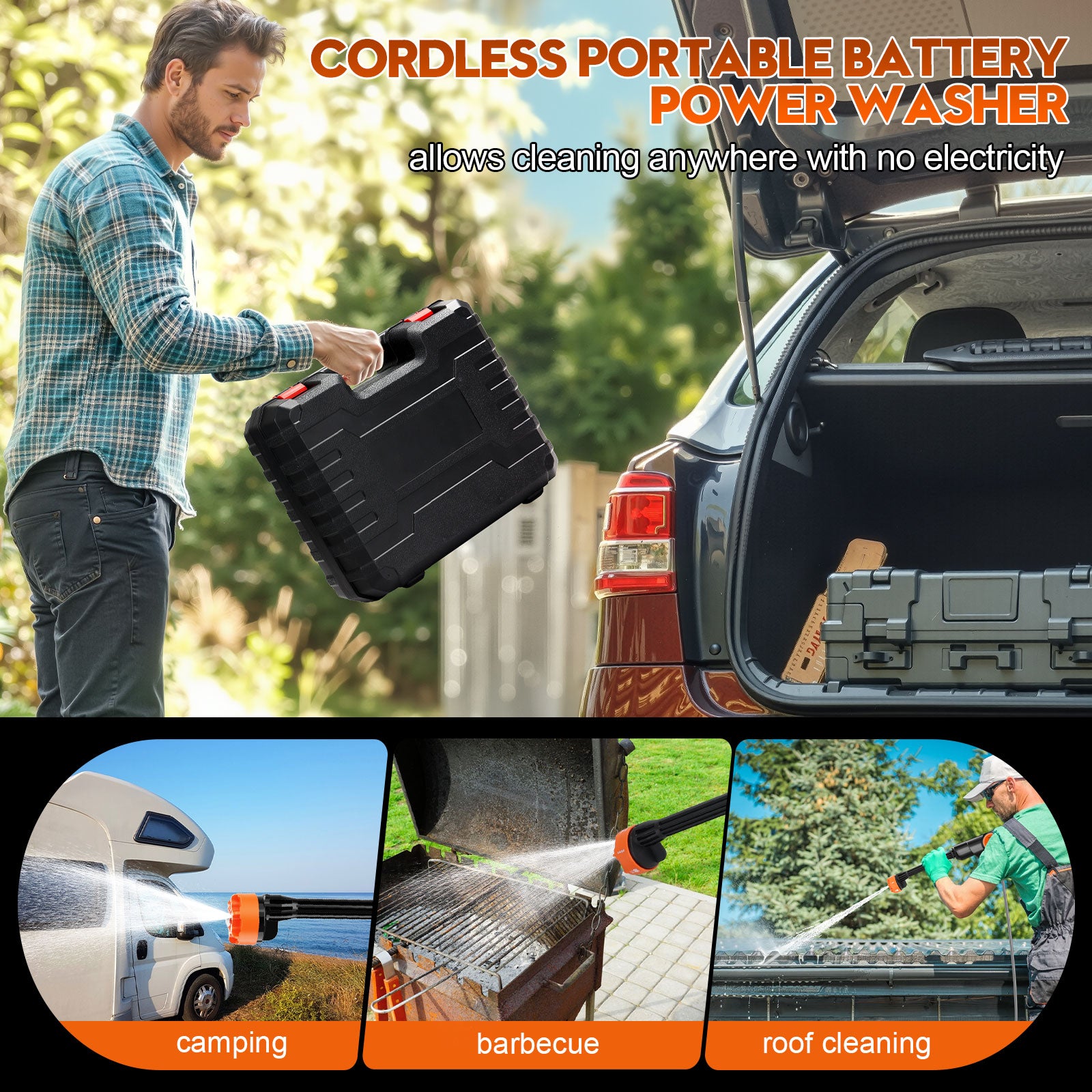 Tanbaby Portable Cordless Pressure Washer, Electric Power Washer Battery Powered, Handheld Car Washer with 6-in-1 Nozzle,17FT Drain Hose, Power Cleaner for Patio Floor Fence Deck Indoor