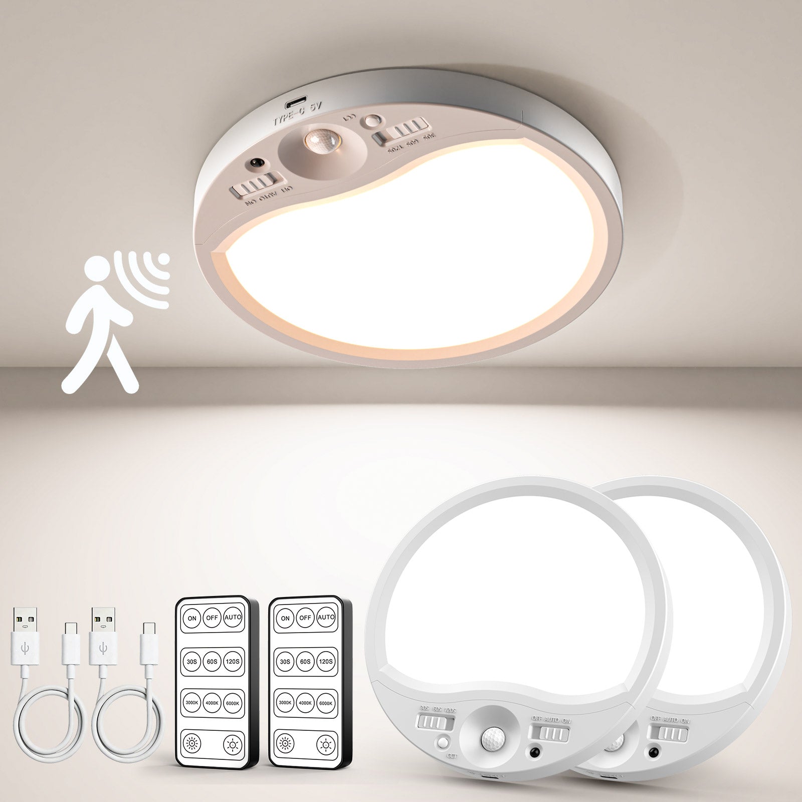 Yannovus 8000mAh Motion Sensor Ceiling Light Indoor with Remote, 3-Color Magnetic Battery Operated Lights, 7'' Super Slim Ceiling Light Adjustable Motion Timer 30s/60s/120s for Closet Shower (2Pack)