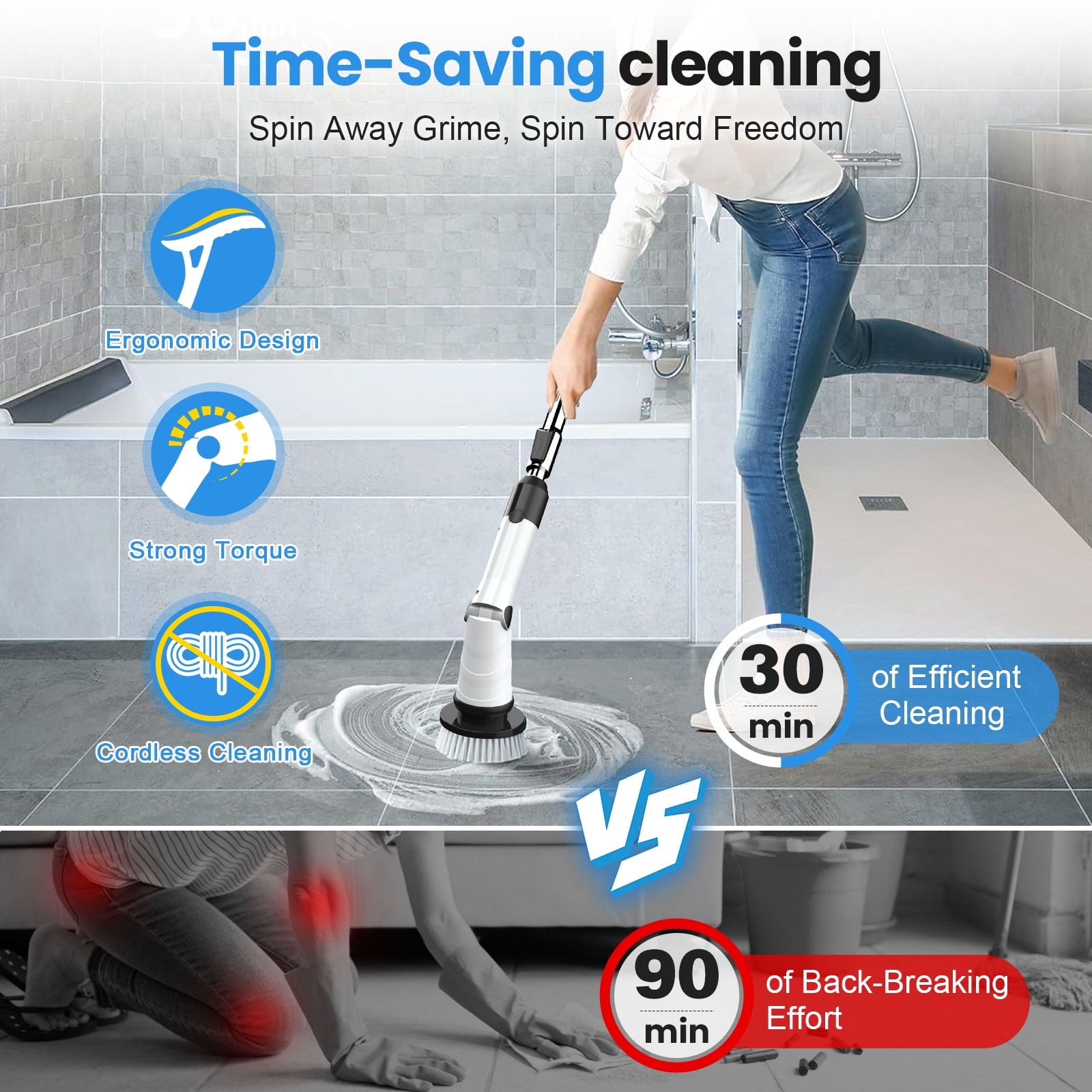 Amiluo Electric Spin Scrubber, 600 RPM Cordless Bathroom Cleaning Brush, 3 Speeds Power Scrubber with Adjustable Handle & 8 Replaceable Heads, Shower brush for Tub Tile Floor, A2/White