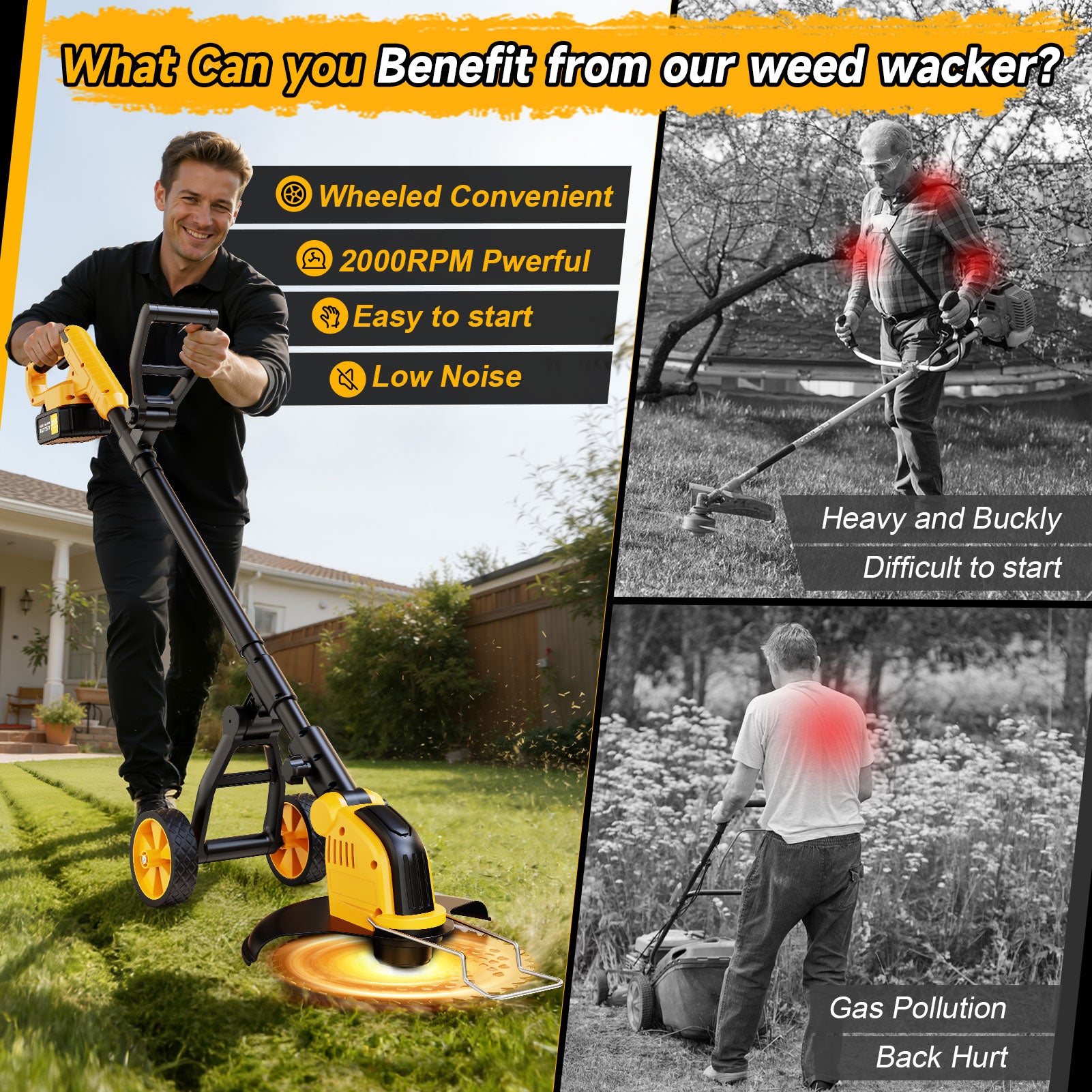 Lemolifys 12-inch Brushless Weed Eaters with Wheels & 5 Blades, 21V Battery String Trimmer for Lawn Yard Garden