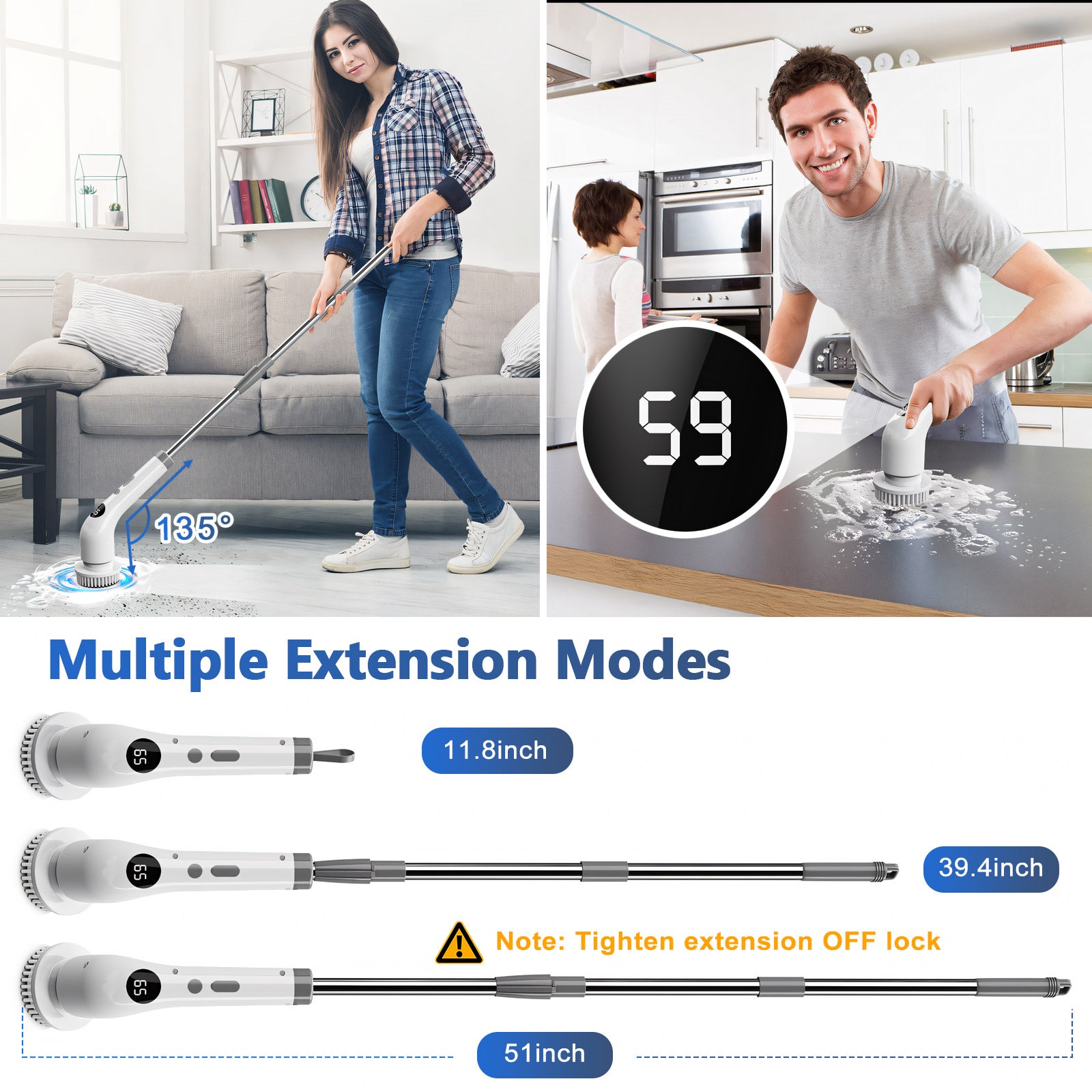Amiluo Electric Spin Scrubber, Cordless Bathroom Cleaning Brush, Two-Speed Power Scrubber with Extension Handle & 7 Replaceable Heads for Shower Tub Tile Floor
