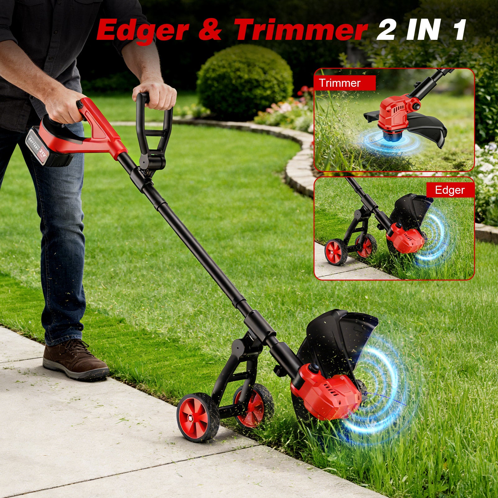 Tanbaby 12-inch Cordless String Trimmer with Wheels, Electric Grass Trimmer With 2 X 3.0ah Batteries, Edger Lawn Tool Grass Cutter With 8pcs Line, Lawn Mover For Yard, Garden