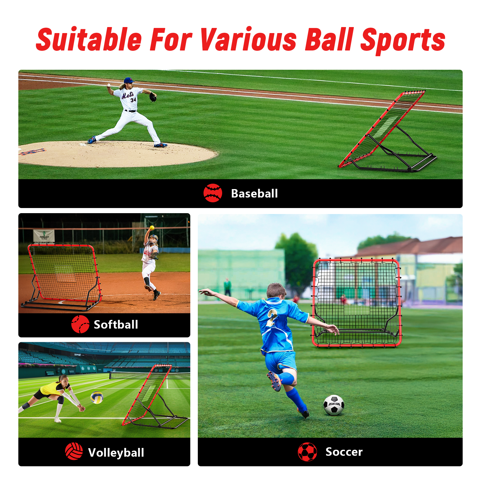 Kidovin Baseball Net, 4 X 4.5 ft Lacrosse Rebounder with 3 Adjustable Angles & 2 Targets, Softball Equipment for Hitting and Pitching
